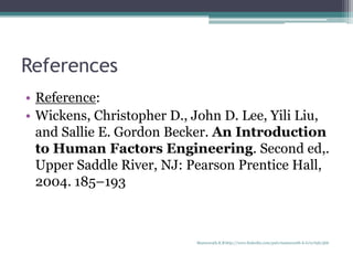 References
• Reference:
• Wickens, Christopher D., John D. Lee, Yili Liu,
and Sallie E. Gordon Becker. An Introduction
to Human Factors Engineering. Second ed,.
Upper Saddle River, NJ: Pearson Prentice Hall,
2004. 185–193
Manuswath.K.B http://www.linkedin.com/pub/manuswath-k-b/0/65b/5b6
 