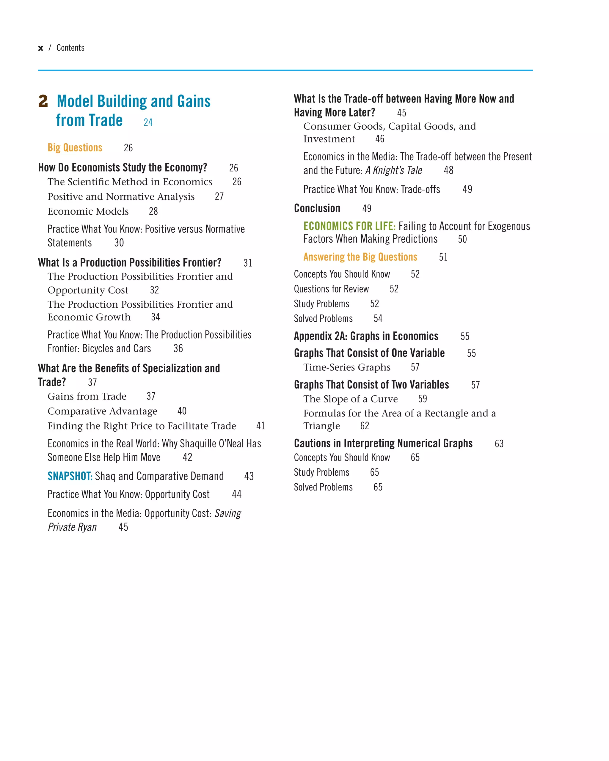 x / Contents
2 Model Building and Gains
from Trade 24
Big Questions 26
How Do Economists Study the Economy? 26
The Scientific Method in Economics 26
Positive and Normative Analysis 27
Economic Models 28
Practice What You Know: Positive versus Normative
Statements 30
What Is a Production Possibilities Frontier? 31
The Production Possibilities Frontier and
Opportunity Cost 32
The Production Possibilities Frontier and
Economic Growth 34
Practice What You Know: The Production Possibilities
Frontier: Bicycles and Cars 36
What Are the Benefits of Specialization and
Trade? 37
Gains from Trade 37
Comparative Advantage 40
Finding the Right Price to Facilitate Trade 41
Economics in the Real World: Why Shaquille O’Neal Has
Someone Else Help Him Move 42
SNAPSHOT: Shaq and Comparative Demand 43
Practice What You Know: Opportunity Cost 44
Economics in the Media: Opportunity Cost: Saving
Private Ryan 45
What Is the Trade-off between Having More Now and
Having More Later? 45
Consumer Goods, Capital Goods, and
Investment 46
Economics in the Media: The Trade-off between the Present
and the Future: A Knight’s Tale 48
Practice What You Know: Trade-offs 49
Conclusion 49
ECONOMICS FOR LIFE: Failing to Account for Exogenous
Factors When Making Predictions 50
Answering the Big Questions 51
Concepts You Should Know 52
Questions for Review 52
Study Problems 52
Solved Problems 54
Appendix 2A: Graphs in Economics 55
Graphs That Consist of One Variable 55
Time-Series Graphs 57
Graphs That Consist of Two Variables 57
The Slope of a Curve 59
Formulas for the Area of a Rectangle and a
Triangle 62
Cautions in Interpreting Numerical Graphs 63
Concepts You Should Know 65
Study Problems 65
Solved Problems 65
 