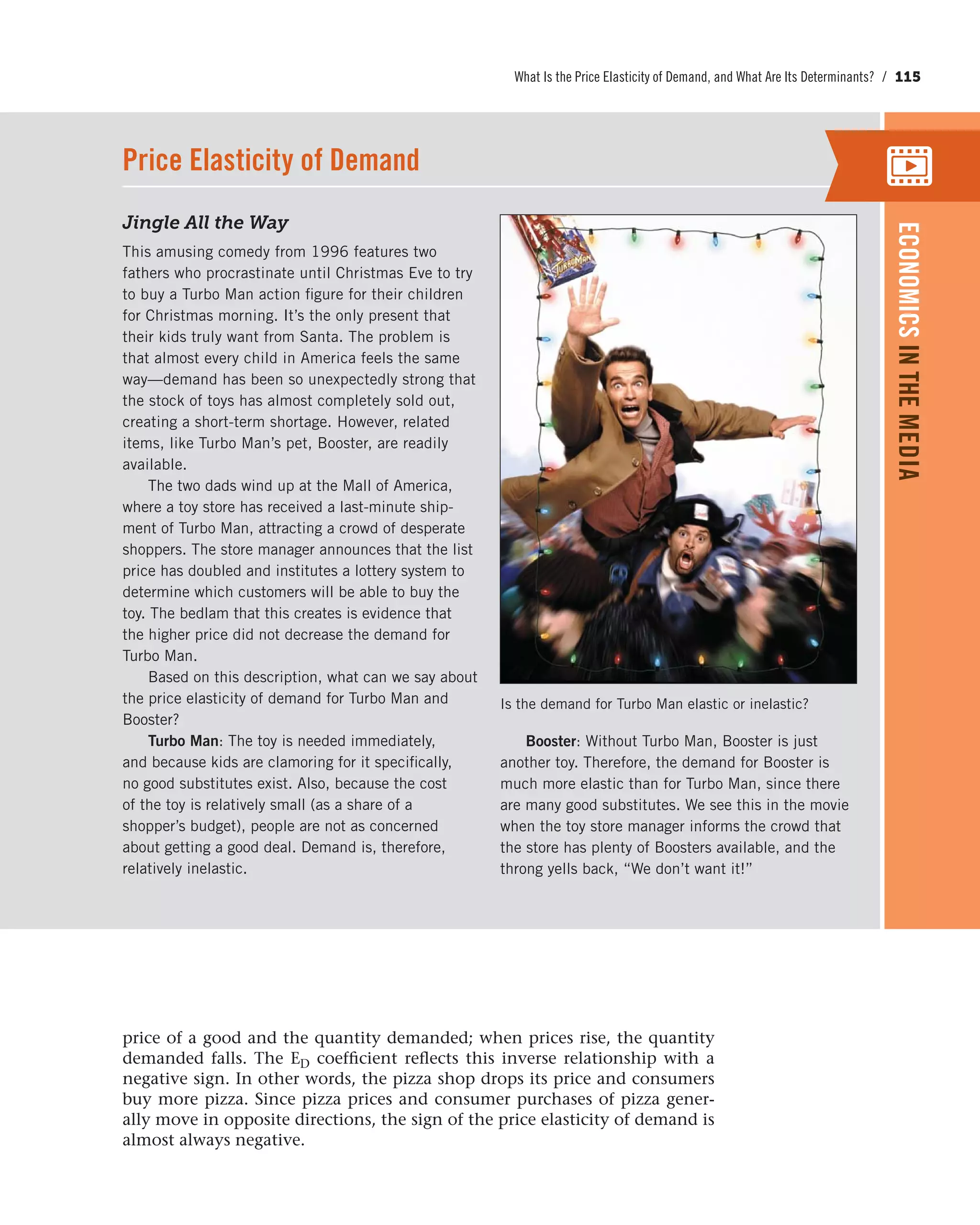 What Is the Price Elasticity of Demand, and What Are Its Determinants? / 115
Jingle All the Way
This amusing comedy from 1996 features two
fathers who procrastinate until Christmas Eve to try
to buy a Turbo Man action figure for their children
for Christmas morning. It’s the only present that
their kids truly want from Santa. The problem is
that almost every child in America feels the same
way—demand has been so unexpectedly strong that
the stock of toys has almost completely sold out,
creating a short-term shortage. However, related
items, like Turbo Man’s pet, Booster, are readily
available.
The two dads wind up at the Mall of America,
where a toy store has received a last-minute ship-
ment of Turbo Man, attracting a crowd of desperate
shoppers. The store manager announces that the list
price has doubled and institutes a lottery system to
determine which customers will be able to buy the
toy. The bedlam that this creates is evidence that
the higher price did not decrease the demand for
Turbo Man.
Based on this description, what can we say about
the price elasticity of demand for Turbo Man and
Booster?
Turbo Man: The toy is needed immediately,
and because kids are clamoring for it specifically,
no good substitutes exist. Also, because the cost
of the toy is relatively small (as a share of a
shopper’s budget), people are not as concerned
about getting a good deal. Demand is, therefore,
relatively inelastic.
Booster: Without Turbo Man, Booster is just
another toy. Therefore, the demand for Booster is
much more elastic than for Turbo Man, since there
are many good substitutes. We see this in the movie
when the toy store manager informs the crowd that
the store has plenty of Boosters available, and the
throng yells back, “We don’t want it!”
Price Elasticity of Demand
ECONOMICSINTHEMEDIA
Is the demand for Turbo Man elastic or inelastic?
price of a good and the quantity demanded; when prices rise, the quantity
demanded falls. The ED coefficient reflects this inverse relationship with a
negative sign. In other words, the pizza shop drops its price and consumers
buy more pizza. Since pizza prices and consumer purchases of pizza gener-
ally move in opposite directions, the sign of the price elasticity of demand is
almost always negative.
 