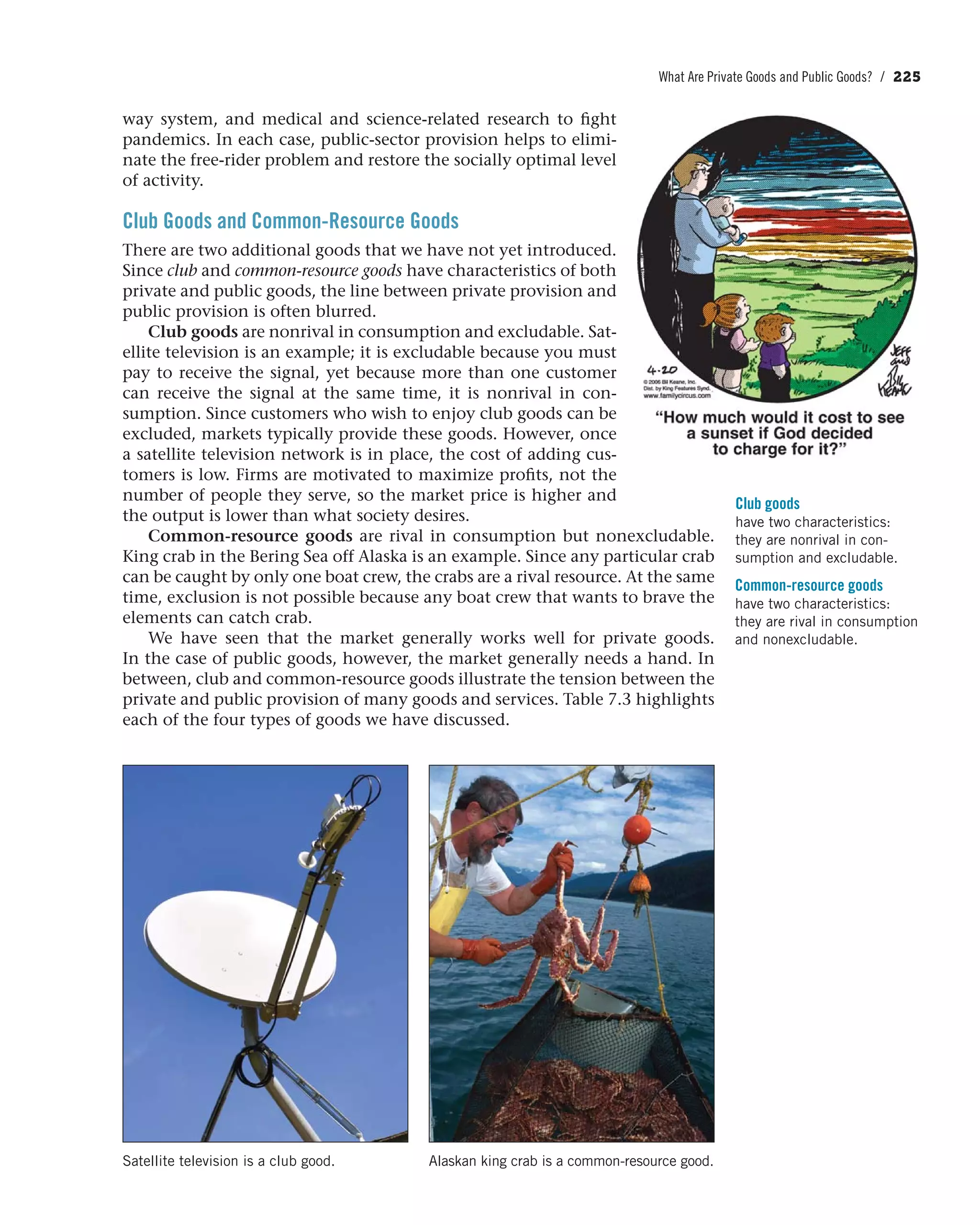 What Are Private Goods and Public Goods? / 225
way system, and medical and science-related research to fight
pandemics. In each case, public-sector provision helps to elimi-
nate the free-rider problem and restore the socially optimal level
of activity.
Club Goods and Common-Resource Goods
There are two additional goods that we have not yet introduced.
Since club and common-resource goods have characteristics of both
private and public goods, the line between private provision and
public provision is often blurred.
Club goods are nonrival in consumption and excludable. Sat-
ellite television is an example; it is excludable because you must
pay to receive the signal, yet because more than one customer
can receive the signal at the same time, it is nonrival in con-
sumption. Since customers who wish to enjoy club goods can be
excluded, markets typically provide these goods. However, once
a satellite television network is in place, the cost of adding cus-
tomers is low. Firms are motivated to maximize profits, not the
number of people they serve, so the market price is higher and
the output is lower than what society desires.
Common-resource goods are rival in consumption but nonexcludable.
King crab in the Bering Sea off Alaska is an example. Since any particular crab
can be caught by only one boat crew, the crabs are a rival resource. At the same
time, exclusion is not possible because any boat crew that wants to brave the
elements can catch crab.
We have seen that the market generally works well for private goods.
In the case of public goods, however, the market generally needs a hand. In
between, club and common-resource goods illustrate the tension between the
private and public provision of many goods and services. Table 7.3 highlights
each of the four types of goods we have discussed.
Club goods
have two characteristics:
they are nonrival in con-
sumption and excludable.
Common-resource goods
have two characteristics:
they are rival in consumption
and nonexcludable.
Satellite television is a club good. Alaskan king crab is a common-resource good.
 