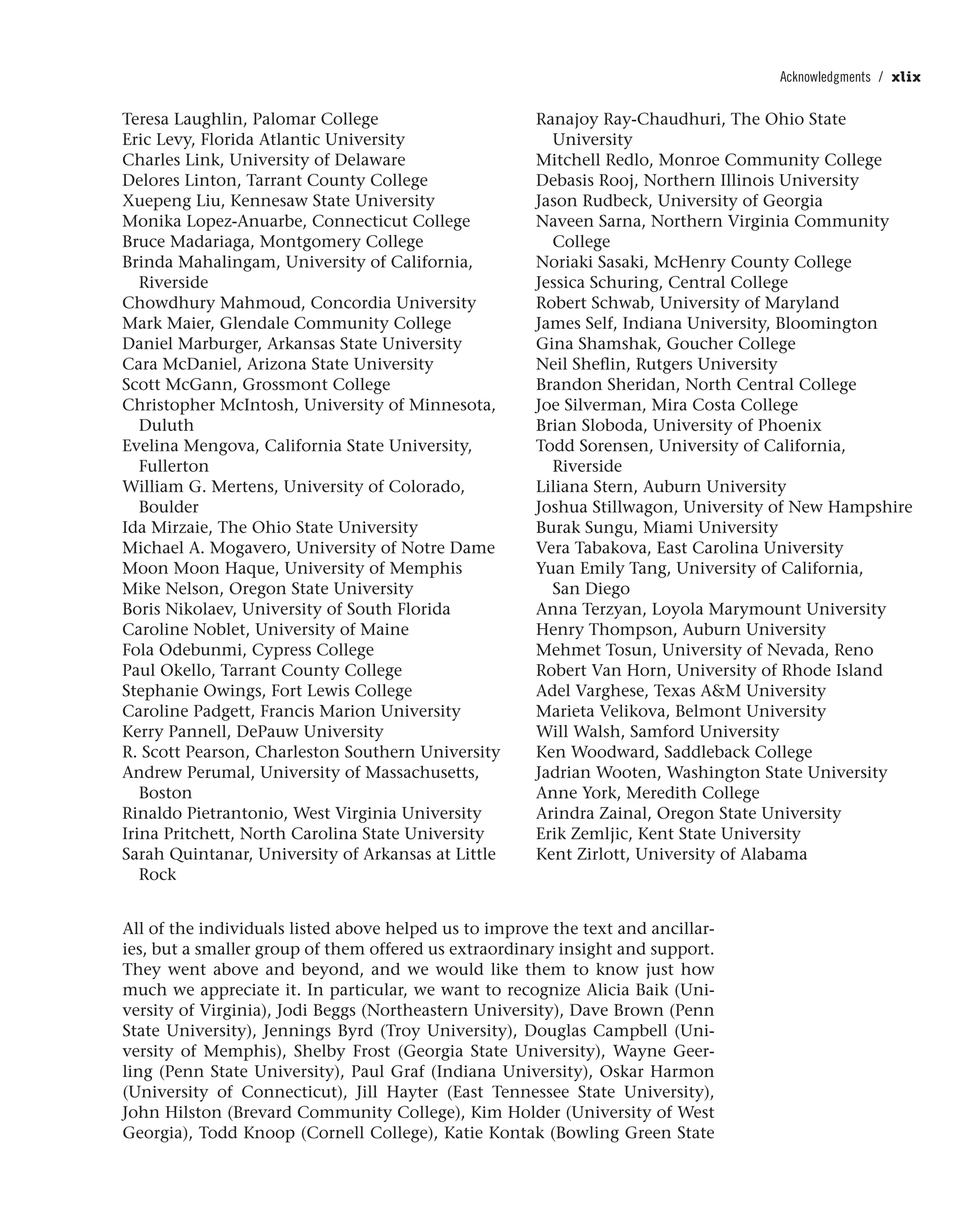 Teresa Laughlin, Palomar College
Eric Levy, Florida Atlantic University
Charles Link, University of Delaware
Delores Linton, Tarrant County College
Xuepeng Liu, Kennesaw State University
Monika Lopez-Anuarbe, Connecticut College
Bruce Madariaga, Montgomery College
Brinda Mahalingam, University of California,
Riverside
Chowdhury Mahmoud, Concordia University
Mark Maier, Glendale Community College
Daniel Marburger, Arkansas State University
Cara McDaniel, Arizona State University
Scott McGann, Grossmont College
Christopher McIntosh, University of Minnesota,
Duluth
Evelina Mengova, California State University,
Fullerton
William G. Mertens, University of Colorado,
Boulder
Ida Mirzaie, The Ohio State University
Michael A. Mogavero, University of Notre Dame
Moon Moon Haque, University of Memphis
Mike Nelson, Oregon State University
Boris Nikolaev, University of South Florida
Caroline Noblet, University of Maine
Fola Odebunmi, Cypress College
Paul Okello, Tarrant County College
Stephanie Owings, Fort Lewis College
Caroline Padgett, Francis Marion University
Kerry Pannell, DePauw University
R. Scott Pearson, Charleston Southern University
Andrew Perumal, University of Massachusetts,
Boston
Rinaldo Pietrantonio, West Virginia University
Irina Pritchett, North Carolina State University
Sarah Quintanar, University of Arkansas at Little
Rock
All of the individuals listed above helped us to improve the text and ancillar-
ies, but a smaller group of them offered us extraordinary insight and support.
They went above and beyond, and we would like them to know just how
much we appreciate it. In particular, we want to recognize Alicia Baik (Uni-
versity of Virginia), Jodi Beggs (Northeastern University), Dave Brown (Penn
State University), Jennings Byrd (Troy University), Douglas Campbell (Uni-
versity of Memphis), Shelby Frost (Georgia State University), Wayne Geer-
ling (Penn State University), Paul Graf (Indiana University), Oskar Harmon
(University of Connecticut), Jill Hayter (East Tennessee State University),
John Hilston (Brevard Community College), Kim Holder (University of West
Georgia), Todd Knoop (Cornell College), Katie Kontak (Bowling Green State
Ranajoy Ray-Chaudhuri, The Ohio State
University
Mitchell Redlo, Monroe Community College
Debasis Rooj, Northern Illinois University
Jason Rudbeck, University of Georgia
Naveen Sarna, Northern Virginia Community
College
Noriaki Sasaki, McHenry County College
Jessica Schuring, Central College
Robert Schwab, University of Maryland
James Self, Indiana University, Bloomington
Gina Shamshak, Goucher College
Neil Sheflin, Rutgers University
Brandon Sheridan, North Central College
Joe Silverman, Mira Costa College
Brian Sloboda, University of Phoenix
Todd Sorensen, University of California,
Riverside
Liliana Stern, Auburn University
Joshua Stillwagon, University of New Hampshire
Burak Sungu, Miami University
Vera Tabakova, East Carolina University
Yuan Emily Tang, University of California,
San Diego
Anna Terzyan, Loyola Marymount University
Henry Thompson, Auburn University
Mehmet Tosun, University of Nevada, Reno
Robert Van Horn, University of Rhode Island
Adel Varghese, Texas A&M University
Marieta Velikova, Belmont University
Will Walsh, Samford University
Ken Woodward, Saddleback College
Jadrian Wooten, Washington State University
Anne York, Meredith College
Arindra Zainal, Oregon State University
Erik Zemljic, Kent State University
Kent Zirlott, University of Alabama
Acknowledgments / xlix
 