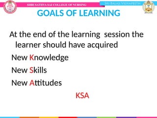 GOALS OF LEARNING
At the end of the learning session the
learner should have acquired
New Knowledge
New Skills
New Attitudes
KSA
 