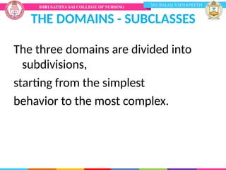 THE DOMAINS - SUBCLASSES
The three domains are divided into
subdivisions,
starting from the simplest
behavior to the most complex.
 