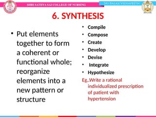 • Put elements
together to form
a coherent or
functional whole;
reorganize
elements into a
new pattern or
structure
• Compile
• Compose
• Create
• Develop
• Devise
• Integrate
• Hypothesize
Eg,.Write a rational
individualized prescription
of patient with
hypertension
6. SYNTHESIS
 