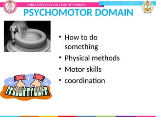 PSYCHOMOTOR DOMAIN
• How to do
something
• Physical methods
• Motor skills
• coordination
 