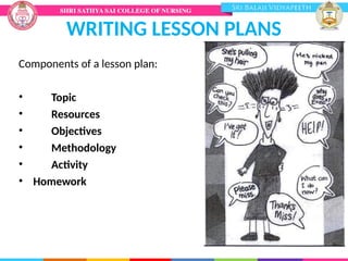 Components of a lesson plan:
• Topic
• Resources
• Objectives
• Methodology
• Activity
• Homework
WRITING LESSON PLANS
 
