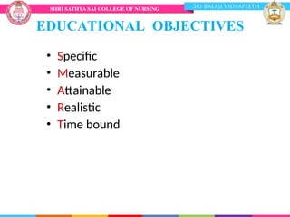 EDUCATIONAL OBJECTIVES
• Specific
• Measurable
• Attainable
• Realistic
• Time bound
 
