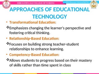 APPROACHES OF EDUCATIONAL
TECHNOLOGY
• Transformational Education:
Emphasizes changing the learner's perspective and
fostering critical thinking.
• Relationship-Based Education:
Focuses on building strong teacher-student
relationships to enhance learning.
• Competency-Based Education:
Allows students to progress based on their mastery
of skills rather than time spent in class
 