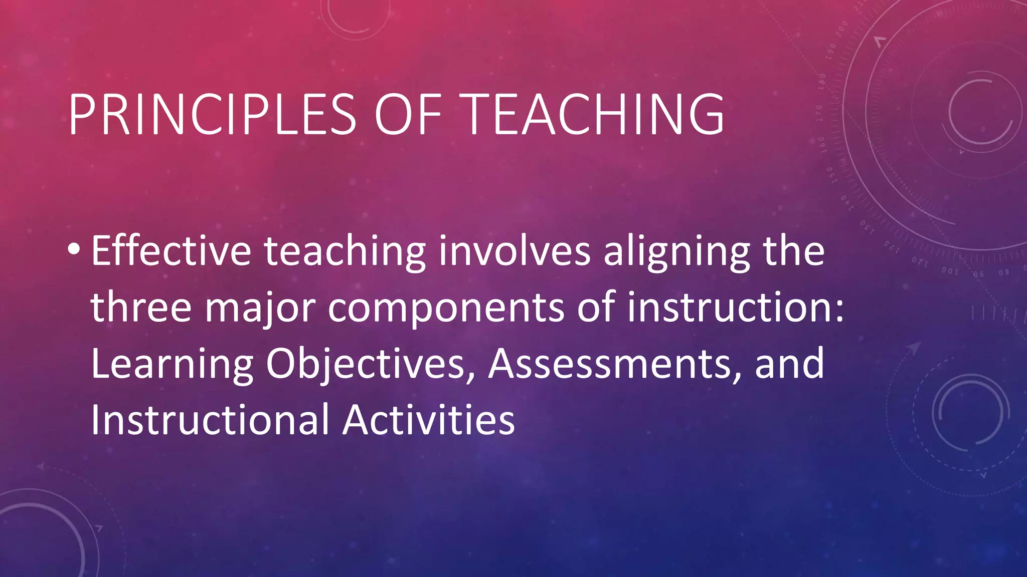 PRINCIPLES OF TEACHING
• Effective teaching involves aligning the
three major components of instruction:
Learning Objectives, Assessments, and
Instructional Activities
 