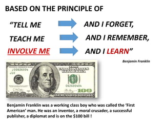 BASED ON THE PRINCIPLE OF
“TELL ME
Benjamin Franklin was a working class boy who was called the ‘First
American’ man. He was an inventor, a moral crusader, a successful
publisher, a diplomat and is on the $100 bill !
AND I FORGET,
TEACH ME
AND I LEARN”
Benjamin Franklin
INVOLVE ME
AND I REMEMBER,
 