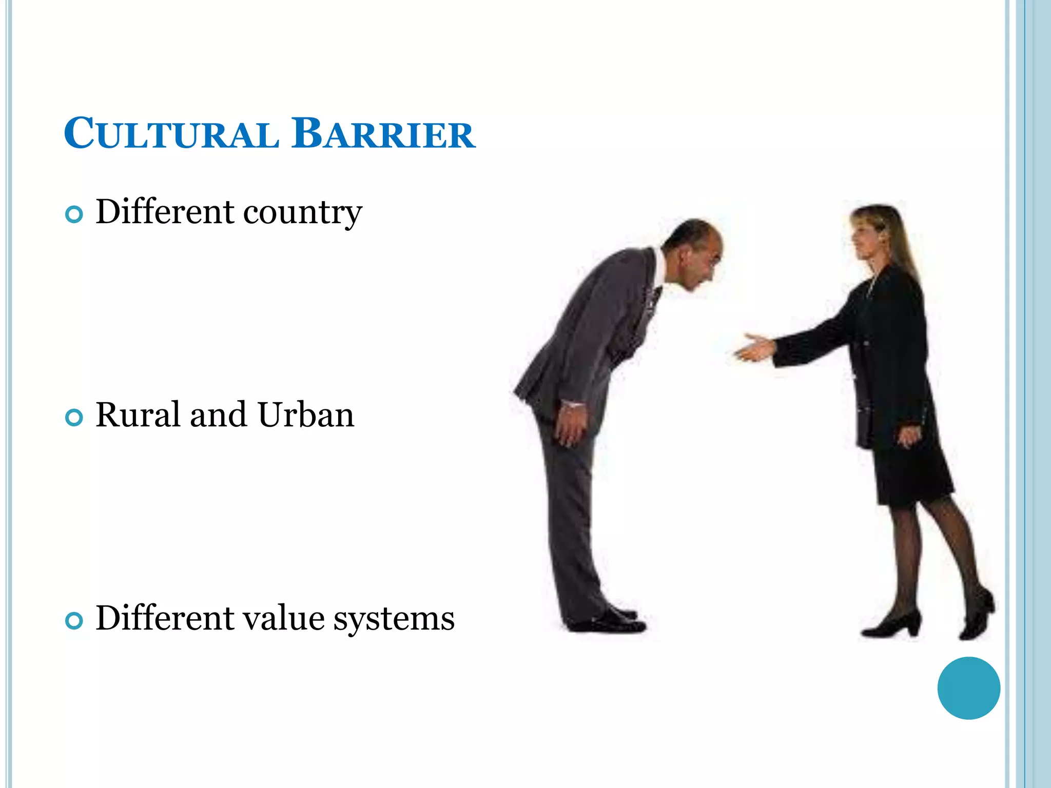 CULTURAL BARRIER
   Different country




   Rural and Urban




   Different value systems
 
