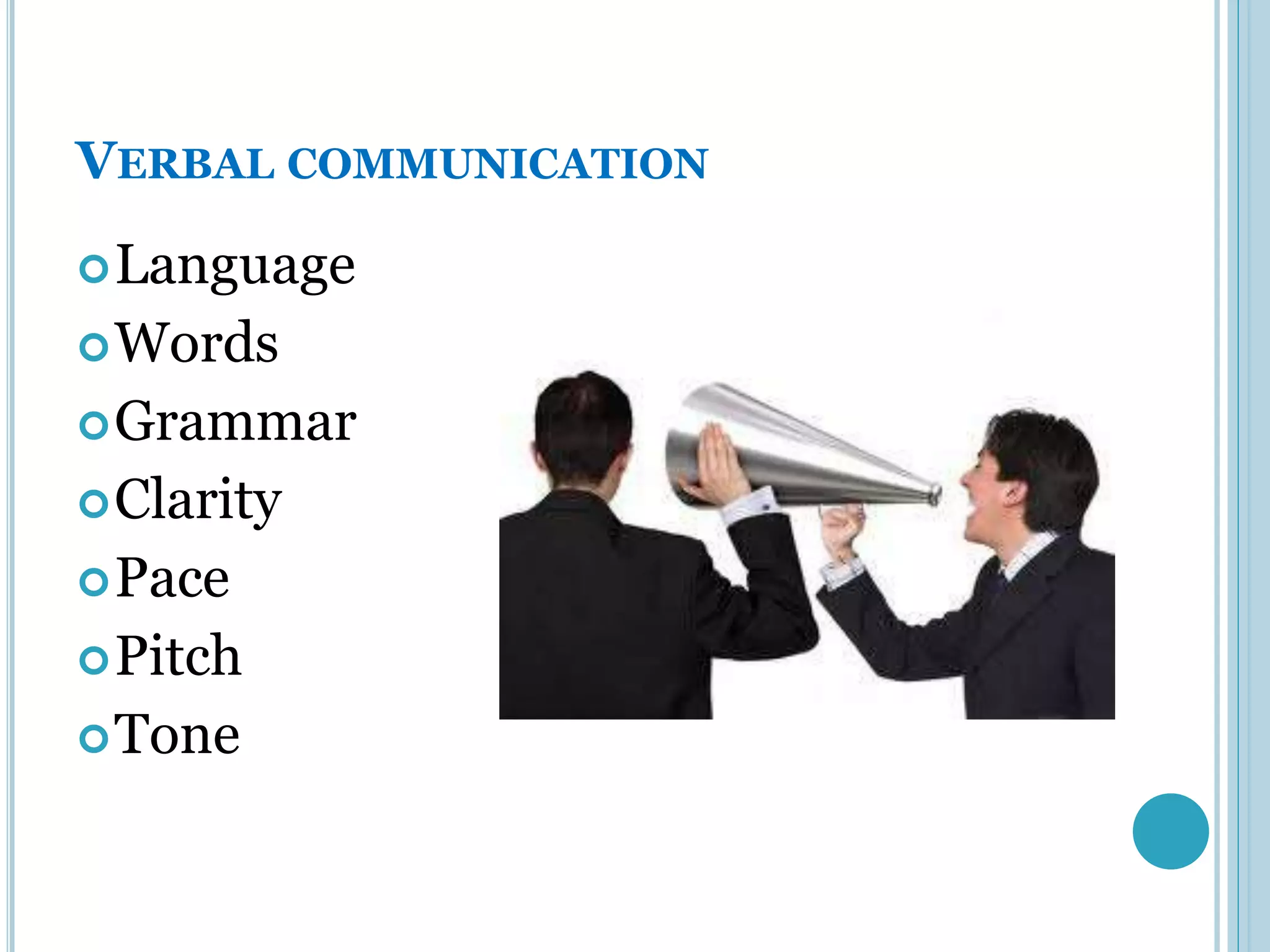 VERBAL COMMUNICATION
 Language
 Words
 Grammar
 Clarity
 Pace
 Pitch
 Tone
 