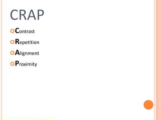 CRAPContrast Repetition Alignment Proximity Robin Williams Non-Designers Design Book, Peachpit Press