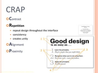 CRAPContrast Repetition repeat design throughout the interfaceconsistencycreates unity Alignment Proximity1324Robin Williams Non-Designers Design Book, Peachpit Press