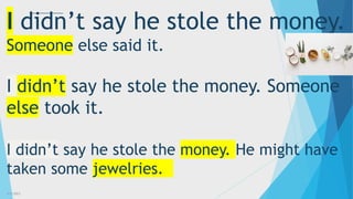 3/3/2023 21
I didn’t say he stole the money.
Someone else said it.
I didn’t say he stole the money. Someone
else took it.
I didn’t say he stole the money. He might have
taken some jewelries.
 