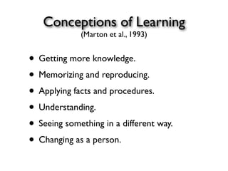 Conceptions of Learning
(Marton et al., 1993)
• Getting more knowledge.
• Memorizing and reproducing.
• Applying facts and procedures.
• Understanding.
• Seeing something in a different way.
• Changing as a person.
 