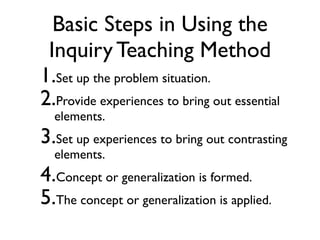 Basic Steps in Using the
Inquiry Teaching Method
1.Set up the problem situation.
2.Provide experiences to bring out essential
elements.
3.Set up experiences to bring out contrasting
elements.
4.Concept or generalization is formed.
5.The concept or generalization is applied.
 