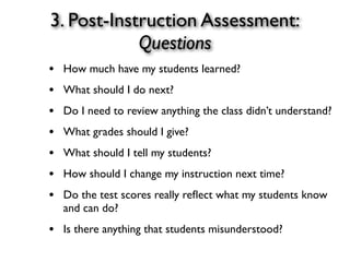 3. Post-Instruction Assessment:
Questions
• How much have my students learned?
• What should I do next?
• Do I need to review anything the class didn’t understand?
• What grades should I give?
• What should I tell my students?
• How should I change my instruction next time?
• Do the test scores really reﬂect what my students know
and can do?
• Is there anything that students misunderstood?
 