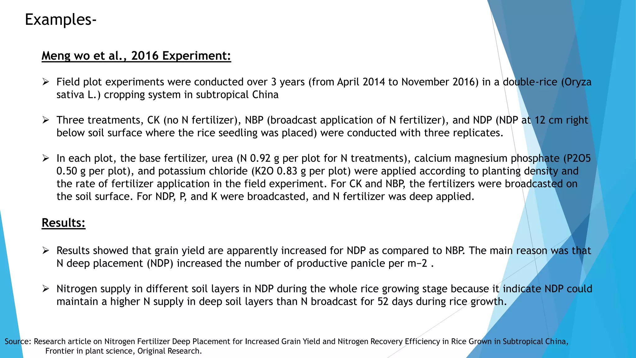 Examples-
Meng wo et al., 2016 Experiment:
 Field plot experiments were conducted over 3 years (from April 2014 to November 2016) in a double-rice (Oryza
sativa L.) cropping system in subtropical China
 Three treatments, CK (no N fertilizer), NBP (broadcast application of N fertilizer), and NDP (NDP at 12 cm right
below soil surface where the rice seedling was placed) were conducted with three replicates.
 In each plot, the base fertilizer, urea (N 0.92 g per plot for N treatments), calcium magnesium phosphate (P2O5
0.50 g per plot), and potassium chloride (K2O 0.83 g per plot) were applied according to planting density and
the rate of fertilizer application in the field experiment. For CK and NBP, the fertilizers were broadcasted on
the soil surface. For NDP, P, and K were broadcasted, and N fertilizer was deep applied.
Results:
 Results showed that grain yield are apparently increased for NDP as compared to NBP. The main reason was that
N deep placement (NDP) increased the number of productive panicle per m−2 .
 Nitrogen supply in different soil layers in NDP during the whole rice growing stage because it indicate NDP could
maintain a higher N supply in deep soil layers than N broadcast for 52 days during rice growth.
Source: Research article on Nitrogen Fertilizer Deep Placement for Increased Grain Yield and Nitrogen Recovery Efficiency in Rice Grown in Subtropical China,
Frontier in plant science, Original Research.
 
