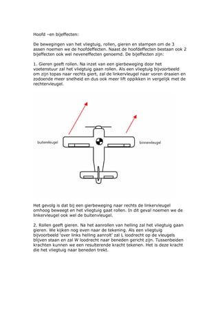 Hoofd –en bijeffecten:

De bewegingen van het vliegtuig, rollen, gieren en stampen om de 3
assen noemen we de hoofdeffecten. Naast de hoofdeffecten bestaan ook 2
bijeffecten ook wel neveneffecten genoemd. De bijeffecten zijn:

1. Gieren geeft rollen. Na inzet van een gierbeweging door het
voetenstuur zal het vliegtuig gaan rollen. Als een vliegtuig bijvoorbeeld
om zijn topas naar rechts giert, zal de linkervleugel naar voren draaien en
zodoende meer snelheid en dus ook meer lift oppikken in vergelijk met de
rechtervleugel.




Het gevolg is dat bij een gierbeweging naar rechts de linkervleugel
omhoog beweegt en het vliegtuig gaat rollen. In dit geval noemen we de
linkervleugel ook wel de buitenvleugel.

2. Rollen geeft gieren. Na het aanrollen van helling zal het vliegtuig gaan
gieren. We kijken nog even naar de tekening. Als een vliegtuig
bijvoorbeeld ‘over links helling aanrolt’ zal L loodrecht op de vleugels
blijven staan en zal W loodrecht naar beneden gericht zijn. Tussenbeiden
krachten kunnen we een resulterende kracht tekenen. Het is deze kracht
die het vliegtuig naar beneden trekt.
 