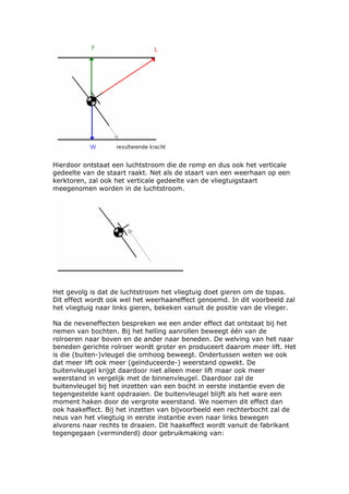 Hierdoor ontstaat een luchtstroom die de romp en dus ook het verticale
gedeelte van de staart raakt. Net als de staart van een weerhaan op een
kerktoren, zal ook het verticale gedeelte van de vliegtuigstaart
meegenomen worden in de luchtstroom.




Het gevolg is dat de luchtstroom het vliegtuig doet gieren om de topas.
Dit effect wordt ook wel het weerhaaneffect genoemd. In dit voorbeeld zal
het vliegtuig naar links gieren, bekeken vanuit de positie van de vlieger.

Na de neveneffecten bespreken we een ander effect dat ontstaat bij het
nemen van bochten. Bij het helling aanrollen beweegt één van de
rolroeren naar boven en de ander naar beneden. De welving van het naar
beneden gerichte rolroer wordt groter en produceert daarom meer lift. Het
is die (buiten-)vleugel die omhoog beweegt. Ondertussen weten we ook
dat meer lift ook meer (geïnduceerde-) weerstand opwekt. De
buitenvleugel krijgt daardoor niet alleen meer lift maar ook meer
weerstand in vergelijk met de binnenvleugel. Daardoor zal de
buitenvleugel bij het inzetten van een bocht in eerste instantie even de
tegengestelde kant opdraaien. De buitenvleugel blijft als het ware een
moment haken door de vergrote weerstand. We noemen dit effect dan
ook haakeffect. Bij het inzetten van bijvoorbeeld een rechterbocht zal de
neus van het vliegtuig in eerste instantie even naar links bewegen
alvorens naar rechts te draaien. Dit haakeffect wordt vanuit de fabrikant
tegengegaan (verminderd) door gebruikmaking van:
 