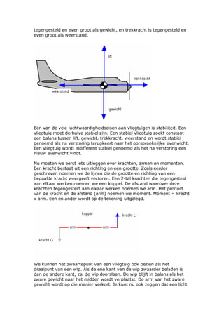tegengesteld en even groot als gewicht, en trekkracht is tegengesteld en
even groot als weerstand.




Eén van de vele luchtwaardigheidseisen aan vliegtuigen is stabiliteit. Een
vliegtuig moet derhalve stabiel zijn. Een stabiel vliegtuig zoekt constant
een balans tussen lift, gewicht, trekkracht, weerstand en wordt stabiel
genoemd als na verstoring terugkeert naar het oorspronkelijke evenwicht.
Een vliegtuig wordt indifferent stabiel genoemd als het na verstoring een
nieuw evenwicht vindt.

Nu moeten we eerst iets uitleggen over krachten, armen en momenten.
Een kracht bestaat uit een richting en een grootte. Zoals eerder
geschreven noemen we de lijnen die de grootte en richting van een
bepaalde kracht weergeeft vectoren. Een 2-tal krachten die tegengesteld
aan elkaar werken noemen we een koppel. De afstand waarover deze
krachten tegengesteld aan elkaar werken noemen we arm. Het product
van de kracht en de afstand (arm) noemen we moment. Moment = kracht
x arm. Een en ander wordt op de tekening uitgelegd.




We kunnen het zwaartepunt van een vliegtuig ook bezien als het
draaipunt van een wip. Als de ene kant van de wip zwaarder beladen is
dan de andere kant, zal de wip doorslaan. De wip blijft in balans als het
zware gewicht naar het midden wordt verplaatst. De arm van het zware
gewicht wordt op die manier verkort. Je kunt nu ook zeggen dat een licht
 