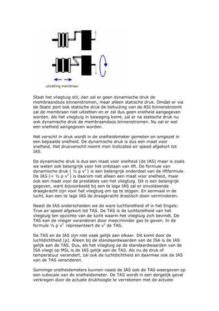 Staat het vliegtuig stil, dan zal er geen dynamische druk de
membraandoos binnenstromen, maar alleen statische druk. Omdat er via
de Static port ook statische druk de behuizing van de ASI binnenstroomt
zal de membraan niet uitzetten en er zal dus geen snelheid aangegeven
worden. Als het vliegtuig in beweging komt, zal er na statische druk nu
ook dynamische druk de membraandoos binnenstromen. Nu zal er wel
een snelheid aangegeven worden.

Het verschil in druk wordt in de snelheidsmeter gemeten en omgezet in
een bepaalde snelheid. De dynamische druk is dus een maat voor
snelheid. Het drukverschil noemt men Indicated air speed afgekort tot
IAS.

De dynamische druk is dus een maat voor snelheid (de IAS) maar is zoals
we weten ook belangrijk voor het ontstaan van lift. De formule van
dynamische druk ( ½ ρ v2 ) is een belangrijk onderdeel van de liftformule.
De IAS (= ½ ρ v2 ) is daarom niet alleen een maat voor snelheid, maar
ook een maat voor de prestaties van het vliegtuig. Dit is een belangrijk
gegeven, want bijvoorbeeld bij een te lage IAS zal er onvoldoende
draagkracht zijn voor het vliegtuig om op te stijgen. En eenmaal in de
lucht, kan een te lage IAS de draagkracht drastisch doen verminderen.

Naast de IAS onderscheiden we de ware luchtsnelheid of in het Engels:
True air speed afgekort tot TAS. De TAS is de luchtsnelheid van het
vliegtuig ten opzichte van de lucht waarin het vliegtuig zich bevindt. De
TAS kan de vlieger veranderen door meer/minder gas te geven. In de
formule ½ ρ v2 representeert de v2 de TAS.

De TAS en de IAS zijn niet vaak gelijk aan elkaar. Dit komt door de
luchtdichtheid (ρ). Alleen bij de standaardwaarden van de ISA is de IAS
gelijk aan de TAS. Dus, als het vliegtuig op de standaardwaarden van de
ISA vliegt op MSL is de IAS gelijk aan de TAS. Als nu de druk of
temperatuur verandert, zal ook de luchtdichtheid en daarmee ook de IAS
van de TAS veranderen.

Sommige snelheidsmeters kunnen naast de IAS ook de TAS weergeven op
een subscale van de snelheidsmeter. De TAS wordt in een dergelijk geval
verkregen door de actuele drukhoogte te verrekenen met de actuele
 