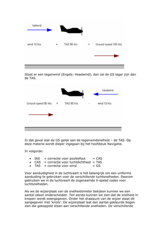 Staat er een tegenwind (Engels: Headwind), dan zal de GS lager zijn dan
de TAS.




In dat geval stat de GS gelijk aan de tegenwindsnelheid – de TAS. Op
deze materie wordt dieper ingegaan bij het hoofdstuk Navigatie.

In volgorde:

   •   IAS     + correctie voor positiefout    = CAS
   •   CAS     + correctie voor luchtdichtheid = TAS
   •   TAS     + correctie voor wind           = GS

Voor eenduidigheid in de luchtvaart is het belangrijk om een uniforme
aanduiding te gebruiken voor de verschillende luchtsnelheden. Daarom
gebruiken we in de luchtvaart de zogenaamde V-speed codes voor
luchtsnelheden.

Als we de wijzerplaat van de snelheidsmeter bekijken kunnen we een
aantal zaken onderscheiden. Ten eerste kunnen we zien dat de snelheid in
knopen wordt weergegeven. Onder het draaipunt van de wijzer staat dit
aangegeven met ‘knots’. De wijzerplaat laat een aantal gekleurde bogen
zien die gekoppeld staan aan verschillende snelheden. De verschillende
 