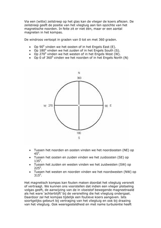 Via een (witte) zeilstreep op het glas kan de vlieger de koers aflezen. De
zeilstreep geeft de positie van het vliegtuig aan ten opzichte van het
magnetische noorden. In feite zit er niet één, maar er een aantal
magneten in het kompas.

De windroos verloopt in graden van 0 tot en met 360 graden.

   •   Op   900 vinden we het oosten of in het Engels East (E).
   •   Op   1800 vinden we het zuiden of in het Engels South (S).
   •   Op   2700 vinden we het westen of in het Engels West (W).
   •   Op   0 of 3600 vinden we het noorden of in het Engels North (N)




   •   Tussen   het noorden en oosten vinden we het noordoosten (NE) op
       450.
   •   Tussen   het oosten en zuiden vinden we het zuidoosten (SE) op
       1350.
   •   Tussen   het zuiden en westen vinden we het zuidwesten (SW) op
       2250.
   •   Tussen   het westen en noorden vinden we het noordwesten (NW) op
       3150.

Het magnetisch kompas kan fouten maken doordat het vliegtuig versnelt
of vertraagt. We kunnen ons voorstellen dat indien een vlieger plotseling
volgas geeft, de aanwijzing van de in vloeistof bewegende magneetnaald
als het ware ‘achterblijft’ bij de versnelling die het vliegtuig ondergaat.
Daardoor zal het kompas tijdelijk een foutieve koers aangeven. Iets
soortgelijks gebeurt bij vertraging van het vliegtuig en ook bij draaiing
van het vliegtuig. Ook weersgesteldheid en met name turbulentie heeft
 