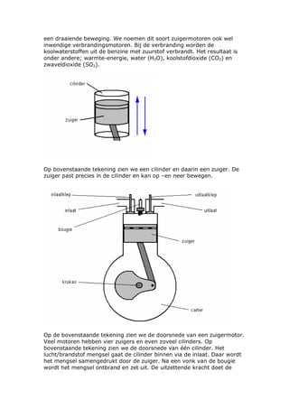 een draaiende beweging. We noemen dit soort zuigermotoren ook wel
inwendige verbrandingsmotoren. Bij de verbranding worden de
koolwaterstoffen uit de benzine met zuurstof verbrandt. Het resultaat is
onder andere; warmte-energie, water (H2O), koolstofdioxide (CO2) en
zwaveldioxide (SO2).




Op bovenstaande tekening zien we een cilinder en daarin een zuiger. De
zuiger past precies in de cilinder en kan op –en neer bewegen.




Op de bovenstaande tekening zien we de doorsnede van een zuigermotor.
Veel motoren hebben vier zuigers en even zoveel cilinders. Op
bovenstaande tekening zien we de doorsnede van één cilinder. Het
lucht/brandstof mengsel gaat de cilinder binnen via de inlaat. Daar wordt
het mengsel samengedrukt door de zuiger. Na een vonk van de bougie
wordt het mengsel ontbrand en zet uit. De uitzettende kracht doet de
 