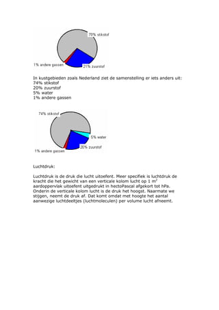 In kustgebieden zoals Nederland ziet de samenstelling er iets anders uit:
74% stikstof
20% zuurstof
5% water
1% andere gassen




Luchtdruk:

Luchtdruk is de druk die lucht uitoefent. Meer specifiek is luchtdruk de
kracht die het gewicht van een verticale kolom lucht op 1 m2
aardoppervlak uitoefent uitgedrukt in hectoPascal afgekort tot hPa.
Onderin de verticale kolom lucht is de druk het hoogst. Naarmate we
stijgen, neemt de druk af. Dat komt omdat met hoogte het aantal
aanwezige luchtdeeltjes (luchtmoleculen) per volume lucht afneemt.
 