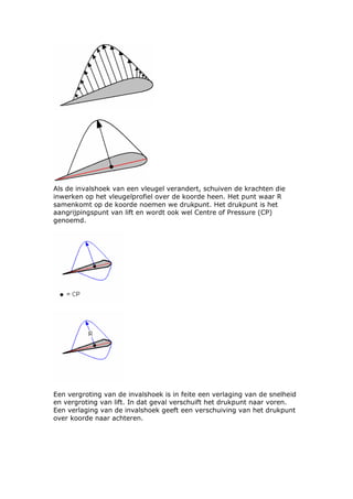 Als de invalshoek van een vleugel verandert, schuiven de krachten die
inwerken op het vleugelprofiel over de koorde heen. Het punt waar R
samenkomt op de koorde noemen we drukpunt. Het drukpunt is het
aangrijpingspunt van lift en wordt ook wel Centre of Pressure (CP)
genoemd.




Een vergroting van de invalshoek is in feite een verlaging van de snelheid
en vergroting van lift. In dat geval verschuift het drukpunt naar voren.
Een verlaging van de invalshoek geeft een verschuiving van het drukpunt
over koorde naar achteren.
 