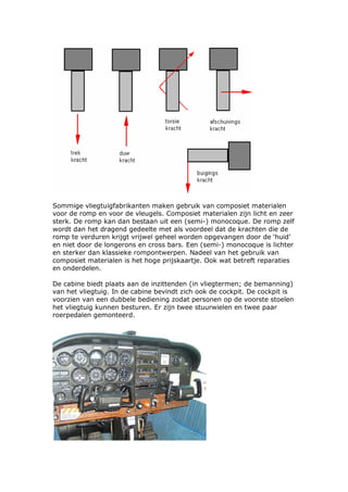 Sommige vliegtuigfabrikanten maken gebruik van composiet materialen
voor de romp en voor de vleugels. Composiet materialen zijn licht en zeer
sterk. De romp kan dan bestaan uit een (semi-) monocoque. De romp zelf
wordt dan het dragend gedeelte met als voordeel dat de krachten die de
romp te verduren krijgt vrijwel geheel worden opgevangen door de ‘huid’
en niet door de longerons en cross bars. Een (semi-) monocoque is lichter
en sterker dan klassieke rompontwerpen. Nadeel van het gebruik van
composiet materialen is het hoge prijskaartje. Ook wat betreft reparaties
en onderdelen.

De cabine biedt plaats aan de inzittenden (in vliegtermen; de bemanning)
van het vliegtuig. In de cabine bevindt zich ook de cockpit. De cockpit is
voorzien van een dubbele bediening zodat personen op de voorste stoelen
het vliegtuig kunnen besturen. Er zijn twee stuurwielen en twee paar
roerpedalen gemonteerd.
 