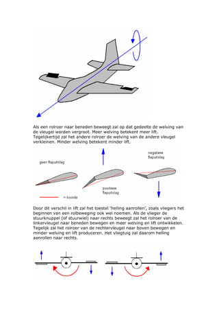 Als een rolroer naar beneden beweegt zal op dat gedeelte de welving van
de vleugel worden vergroot. Meer welving betekent meer lift.
Tegelijkertijd zal het andere rolroer de welving van de andere vleugel
verkleinen. Minder welving betekent minder lift.




Door dit verschil in lift zal het toestel ‘helling aanrollen’, zoals vliegers het
beginnen van een rolbeweging ook wel noemen. Als de vlieger de
stuurknuppel (of stuurwiel) naar rechts beweegt zal het rolroer van de
linkervleugel naar beneden bewegen en meer welving en lift ontwikkelen.
Tegelijk zal het rolroer van de rechtervleugel naar boven bewegen en
minder welving en lift produceren. Het vliegtuig zal daarom helling
aanrollen naar rechts.
 