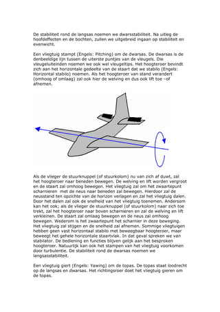 De stabiliteit rond de langsas noemen we dwarsstabiliteit. Na uitleg de
hoofdeffecten en de bochten, zullen we uitgebreid ingaan op stabiliteit en
evenwicht.

Een vliegtuig stampt (Engels: Pitching) om de dwarsas. De dwarsas is de
denbeeldige lijn tussen de uiterste puntjes van de vleugels. Die
vleugeluiteinden noemen we ook wel vleugeltips. Het hoogteroer bevindt
zich aan het horizontale gedeelte van de staart dat we stabilo (Engels:
Horizontal stabilo) noemen. Als het hoogteroer van stand verandert
(omhoog of omlaag) zal ook hier de welving en dus ook lift toe –of
afnemen.




Als de vlieger de stuurknuppel (of stuurkolom) nu van zich af duwt, zal
het hoogteroer naar beneden bewegen. De welving en lift worden vergroot
en de staart zal omhoog bewegen. Het vliegtuig zal om het zwaartepunt
scharnieren met de neus naar beneden zal bewegen. Hierdoor zal de
neusstand ten opzichte van de horizon verlagen en zal het vliegtuig dalen.
Door het dalen zal ook de snelheid van het vliegtuig toenemen. Andersom
kan het ook; als de vlieger de stuurknuppel (of stuurkolom) naar zich toe
trekt, zal het hoogteroer naar boven scharnieren en zal de welving en lift
verkleinen. De staart zal omlaag bewegen en de neus zal omhoog
bewegen. Wederom is het zwaartepunt het scharnier in deze beweging.
Het vliegtuig zal stijgen en de snelheid zal afnemen. Sommige vliegtuigen
hebben geen vast horizontaal stabilo met beweegbaar hoogteroer, maar
beweegt het gehele horizontale staartvlak. In dat geval spreken we van
stabilator. De bediening en functies blijven gelijk aan het besproken
hoogteroer. Natuurlijk kan ook het stampen van het vliegtuig voorkomen
door turbulentie. De stabiliteit rond de dwarsas noemen we
langsasstabiliteit.

Een vliegtuig giert (Engels: Yawing) om de topas. De topas staat loodrecht
op de langsas en dwarsas. Het richtingsroer doet het vliegtuig gieren om
de topas.
 