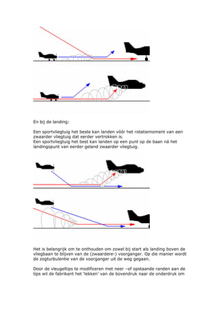 En bij de landing:

Een sportvliegtuig het beste kan landen vóór het rotatiemoment van een
zwaarder vliegtuig dat eerder vertrokken is.
Een sportvliegtuig het best kan landen op een punt op de baan ná het
landingspunt van eerder geland zwaarder vliegtuig.




Het is belangrijk om te onthouden om zowel bij start als landing boven de
vliegbaan te blijven van de (zwaardere-) voorganger. Op die manier wordt
de zogturbulentie van de voorganger uit de weg gegaan.

Door de vleugeltips te modificeren met neer –of opstaande randen aan de
tips wil de fabrikant het ‘lekken’ van de bovendruk naar de onderdruk om
 