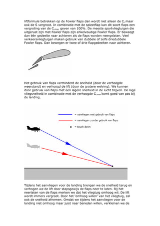 liftformule betrekken op de Fowler flaps dan wordt niet alleen de CL maar
ook de S vergroot. In combinatie met de spleetflap kan dit soort flaps een
vergroting van de CLmax geven van 100%. De meeste sportvliegtuigen die
uitgerust zijn met Fowler flaps zijn enkelvoudige Fowler flaps. Er beweegt
dan één gedeelte naar achteren als de flaps worden neergelaten. Veel
verkeersvliegtuigen maken gebruik van dubbele of zelfs driedubbele
Fowler flaps. Dan bewegen er twee of drie flapgedeelten naar achteren.




Het gebruik van flaps verminderd de snelheid (door de verhoogde
weerstand) en verhoogd de lift (door de grotere welving). We kunnen
door gebruik van flaps met een lagere snelheid in de lucht blijven. De lage
vliegsnelheid in combinatie met de verhoogde CLmax komt goed van pas bij
de landing.




Tijdens het aanvliegen voor de landing brengen we de snelheid terug en
verhogen we de lift door stapsgewijs de flaps neer te laten. Bij het
neerlaten van de flaps merken we dat het vliegtuig omhoog wil. De lift
wordt immers vergroot. Door het ‘omhoog willen’ van het vliegtuig, zal
ook de snelheid afnemen. Omdat we tijdens het aanvliegen voor de
landing niet omhoog maar juist naar beneden willen, verkleinen we de
 