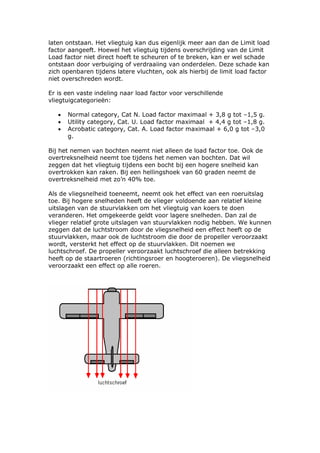 laten ontstaan. Het vliegtuig kan dus eigenlijk meer aan dan de Limit load
factor aangeeft. Hoewel het vliegtuig tijdens overschrijding van de Limit
Load factor niet direct hoeft te scheuren of te breken, kan er wel schade
ontstaan door verbuiging of verdraaiing van onderdelen. Deze schade kan
zich openbaren tijdens latere vluchten, ook als hierbij de limit load factor
niet overschreden wordt.

Er is een vaste indeling naar load factor voor verschillende
vliegtuigcategorieën:

   •   Normal category, Cat N. Load factor maximaal + 3,8 g tot –1,5 g.
   •   Utility category, Cat. U. Load factor maximaal + 4,4 g tot –1,8 g.
   •   Acrobatic category, Cat. A. Load factor maximaal + 6,0 g tot –3,0
       g.

Bij het nemen van bochten neemt niet alleen de load factor toe. Ook de
overtreksnelheid neemt toe tijdens het nemen van bochten. Dat wil
zeggen dat het vliegtuig tijdens een bocht bij een hogere snelheid kan
overtrokken kan raken. Bij een hellingshoek van 60 graden neemt de
overtreksnelheid met zo’n 40% toe.

Als de vliegsnelheid toeneemt, neemt ook het effect van een roeruitslag
toe. Bij hogere snelheden heeft de vlieger voldoende aan relatief kleine
uitslagen van de stuurvlakken om het vliegtuig van koers te doen
veranderen. Het omgekeerde geldt voor lagere snelheden. Dan zal de
vlieger relatief grote uitslagen van stuurvlakken nodig hebben. We kunnen
zeggen dat de luchtstroom door de vliegsnelheid een effect heeft op de
stuurvlakken, maar ook de luchtstroom die door de propeller veroorzaakt
wordt, versterkt het effect op de stuurvlakken. Dit noemen we
luchtschroef. De propeller veroorzaakt luchtschroef die alleen betrekking
heeft op de staartroeren (richtingsroer en hoogteroeren). De vliegsnelheid
veroorzaakt een effect op alle roeren.
 