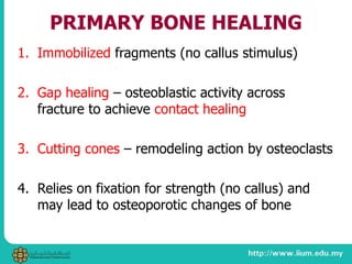 PRIMARY BONE HEALING
1. Immobilized fragments (no callus stimulus)
2. Gap healing – osteoblastic activity across
fracture to achieve contact healing
3. Cutting cones – remodeling action by osteoclasts
4. Relies on fixation for strength (no callus) and
may lead to osteoporotic changes of bone
 