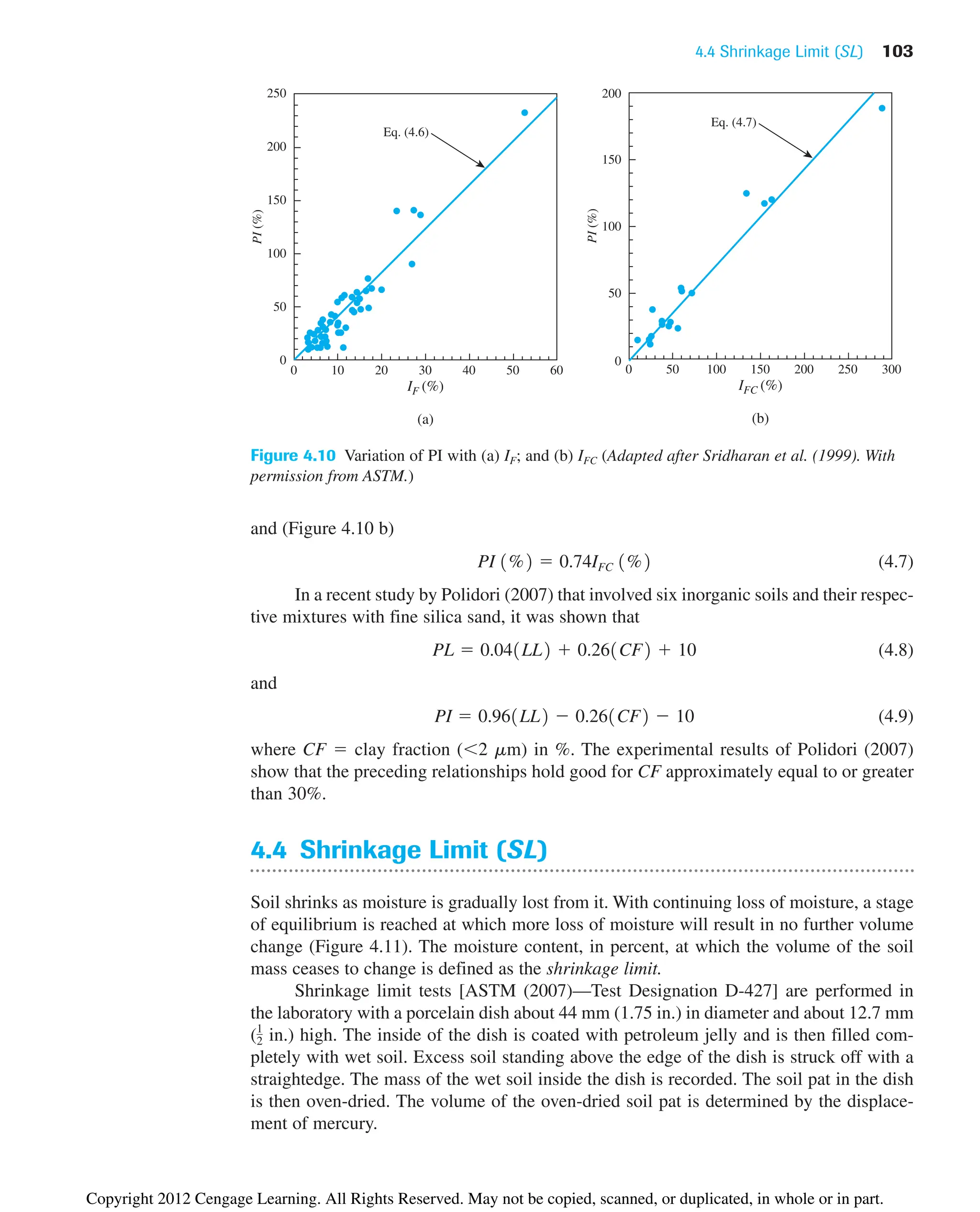 4.4 Shrinkage Limit (SL) 103
and (Figure 4.10 b)
(4.7)
In a recent study by Polidori (2007) that involved six inorganic soils and their respec-
tive mixtures with fine silica sand, it was shown that
(4.8)
and
(4.9)
where CF  clay fraction (2 mm) in %. The experimental results of Polidori (2007)
show that the preceding relationships hold good for CF approximately equal to or greater
than 30%.
4.4 Shrinkage Limit (SL)
Soil shrinks as moisture is gradually lost from it. With continuing loss of moisture, a stage
of equilibrium is reached at which more loss of moisture will result in no further volume
change (Figure 4.11). The moisture content, in percent, at which the volume of the soil
mass ceases to change is defined as the shrinkage limit.
Shrinkage limit tests [ASTM (2007)—Test Designation D-427] are performed in
the laboratory with a porcelain dish about 44 mm (1.75 in.) in diameter and about 12.7 mm
( in.) high. The inside of the dish is coated with petroleum jelly and is then filled com-
pletely with wet soil. Excess soil standing above the edge of the dish is struck off with a
straightedge. The mass of the wet soil inside the dish is recorded. The soil pat in the dish
is then oven-dried. The volume of the oven-dried soil pat is determined by the displace-
ment of mercury.
1
2
PI  0.961LL2  0.261CF2  10
PL  0.041LL2  0.261CF2  10
PI 1%2  0.74IFC 1%2
10 20 30
(a)
Eq. (4.6)
PI
(%)
40 50 60
0
50
100
150
200
250
0
IF (%)
50 100 150
(b)
Eq. (4.7)
PI
(%)
200 250 300
0
50
100
150
200
0
IFC (%)
Figure 4.10 Variation of PI with (a) IF; and (b) IFC (Adapted after Sridharan et al. (1999). With
permission from ASTM.)
Copyright 2012 Cengage Learning. All Rights Reserved. May not be copied, scanned, or duplicated, in whole or in part.
 