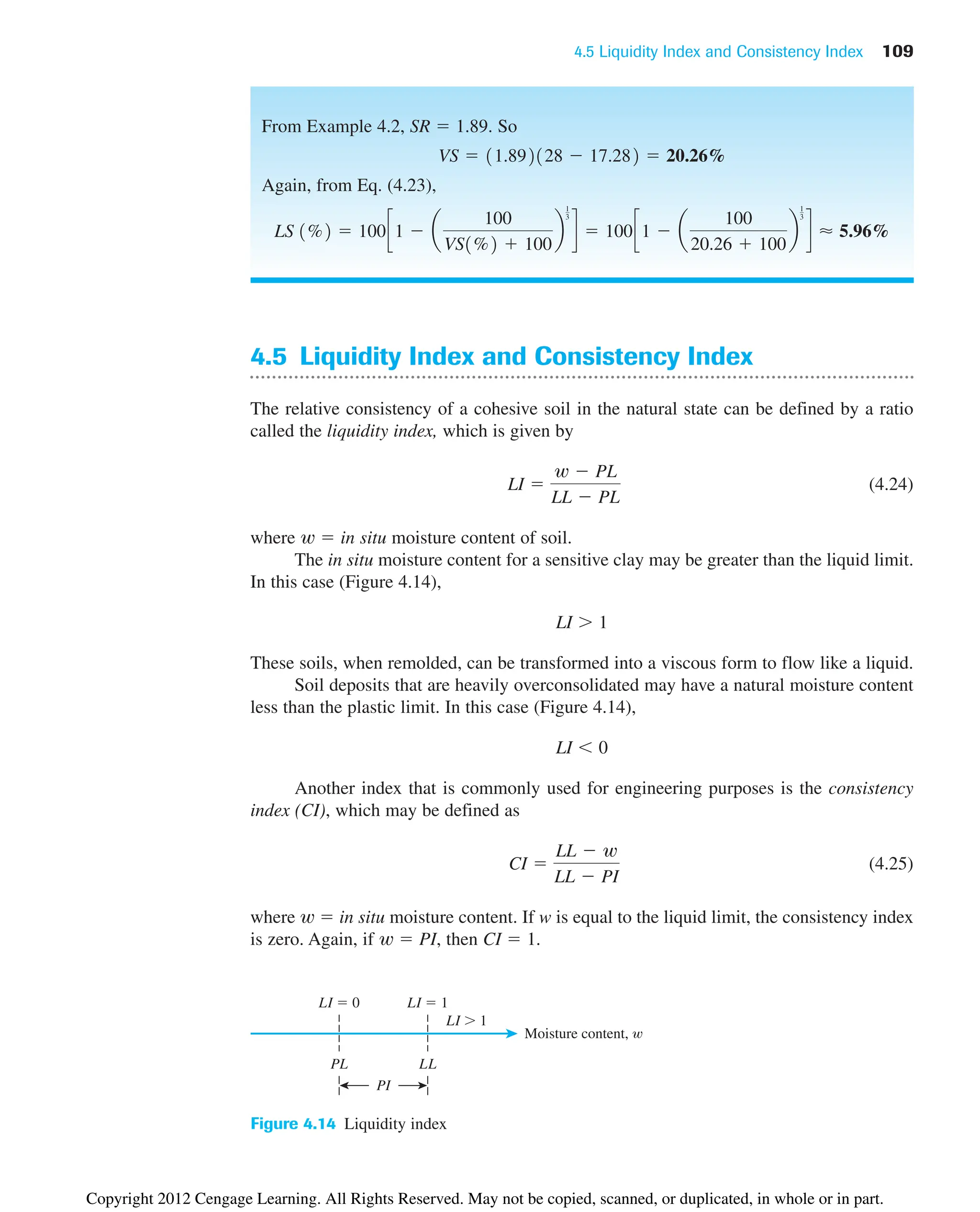 4.5 Liquidity Index and Consistency Index 109
4.5 Liquidity Index and Consistency Index
The relative consistency of a cohesive soil in the natural state can be defined by a ratio
called the liquidity index, which is given by
(4.24)
where w  in situ moisture content of soil.
The in situ moisture content for a sensitive clay may be greater than the liquid limit.
In this case (Figure 4.14),
These soils, when remolded, can be transformed into a viscous form to flow like a liquid.
Soil deposits that are heavily overconsolidated may have a natural moisture content
less than the plastic limit. In this case (Figure 4.14),
Another index that is commonly used for engineering purposes is the consistency
index (CI), which may be defined as
(4.25)
where w  in situ moisture content. If w is equal to the liquid limit, the consistency index
is zero. Again, if w  PI, then CI  1.
CI 
LL  w
LL  PI
LI  0
LI  1
LI 
w  PL
LL  PL
Moisture content,
LI  0 LI  1
PL LL
PI
LI  1
Figure 4.14 Liquidity index
From Example 4.2, SR  1.89. So
Again, from Eq. (4.23),
LS 1%2  100c1  a
100
VS1%2  100
b
1
3
d  100c1  a
100
20.26  100
b
1
3
d ⬇ 5.96%
VS  11.892128  17.282  20.26%
Copyright 2012 Cengage Learning. All Rights Reserved. May not be copied, scanned, or duplicated, in whole or in part.
 