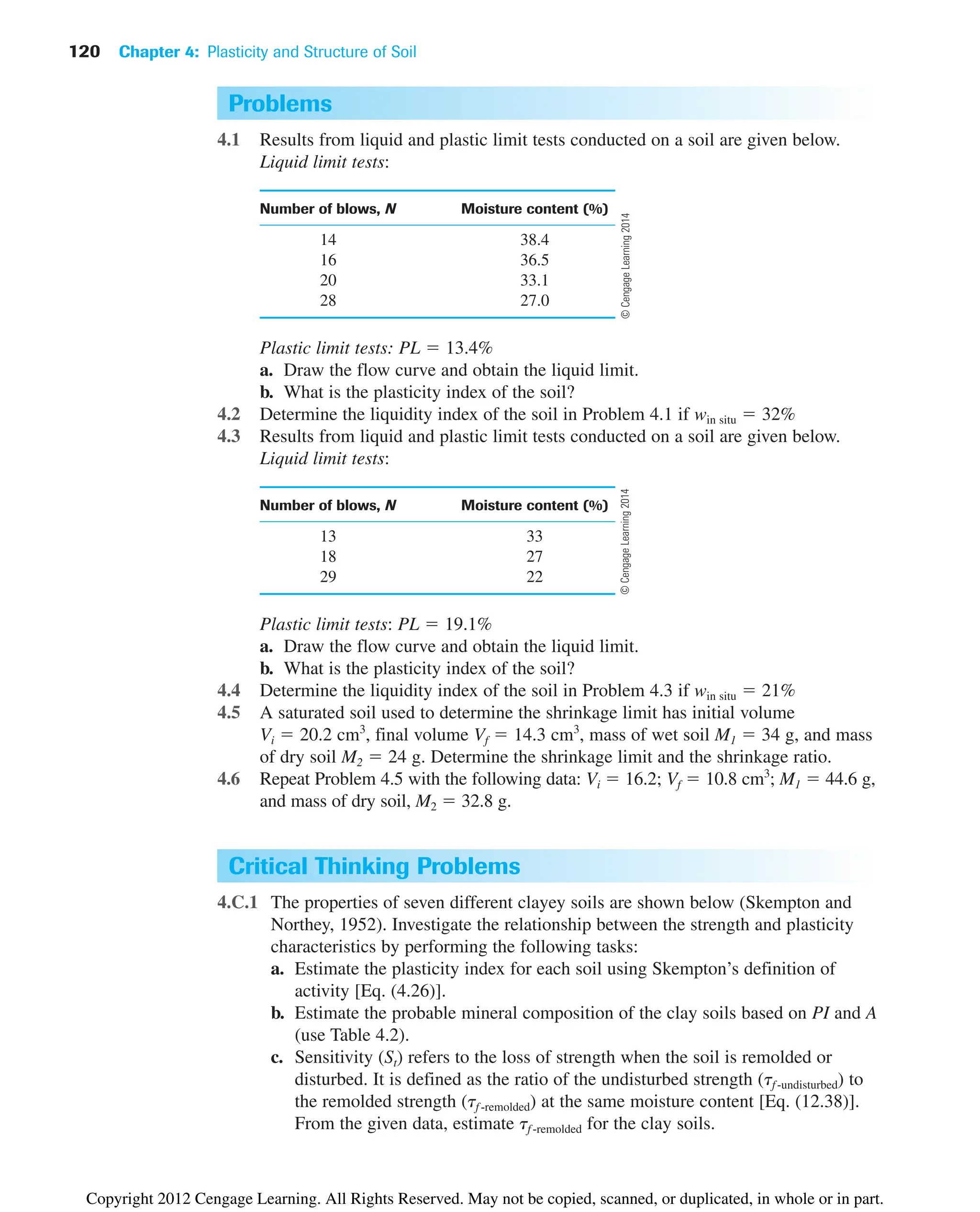 120 Chapter 4: Plasticity and Structure of Soil
Problems
4.1 Results from liquid and plastic limit tests conducted on a soil are given below.
Liquid limit tests:
Number of blows, N Moisture content (%)
14 38.4
16 36.5
20 33.1
28 27.0
Plastic limit tests: PL  13.4%
a. Draw the flow curve and obtain the liquid limit.
b. What is the plasticity index of the soil?
4.2 Determine the liquidity index of the soil in Problem 4.1 if win situ  32%
4.3 Results from liquid and plastic limit tests conducted on a soil are given below.
Liquid limit tests:
Number of blows, N Moisture content (%)
13 33
18 27
29 22
Plastic limit tests: PL  19.1%
a. Draw the flow curve and obtain the liquid limit.
b. What is the plasticity index of the soil?
4.4 Determine the liquidity index of the soil in Problem 4.3 if win situ  21%
4.5 A saturated soil used to determine the shrinkage limit has initial volume
Vi  20.2 cm3
, final volume Vf  14.3 cm3
, mass of wet soil M1  34 g, and mass
of dry soil M2  24 g. Determine the shrinkage limit and the shrinkage ratio.
4.6 Repeat Problem 4.5 with the following data: Vi  16.2; Vf  10.8 cm3
; M1  44.6 g,
and mass of dry soil, M2  32.8 g.
Critical Thinking Problems
4.C.1 The properties of seven different clayey soils are shown below (Skempton and
Northey, 1952). Investigate the relationship between the strength and plasticity
characteristics by performing the following tasks:
a. Estimate the plasticity index for each soil using Skempton’s definition of
activity [Eq. (4.26)].
b. Estimate the probable mineral composition of the clay soils based on PI and A
(use Table 4.2).
c. Sensitivity (St) refers to the loss of strength when the soil is remolded or
disturbed. It is defined as the ratio of the undisturbed strength (tf -undisturbed) to
the remolded strength (tf -remolded) at the same moisture content [Eq. (12.38)].
From the given data, estimate tf -remolded for the clay soils.
©
Cengage
Learning
2014
©
Cengage
Learning
2014
Copyright 2012 Cengage Learning. All Rights Reserved. May not be copied, scanned, or duplicated, in whole or in part.
 