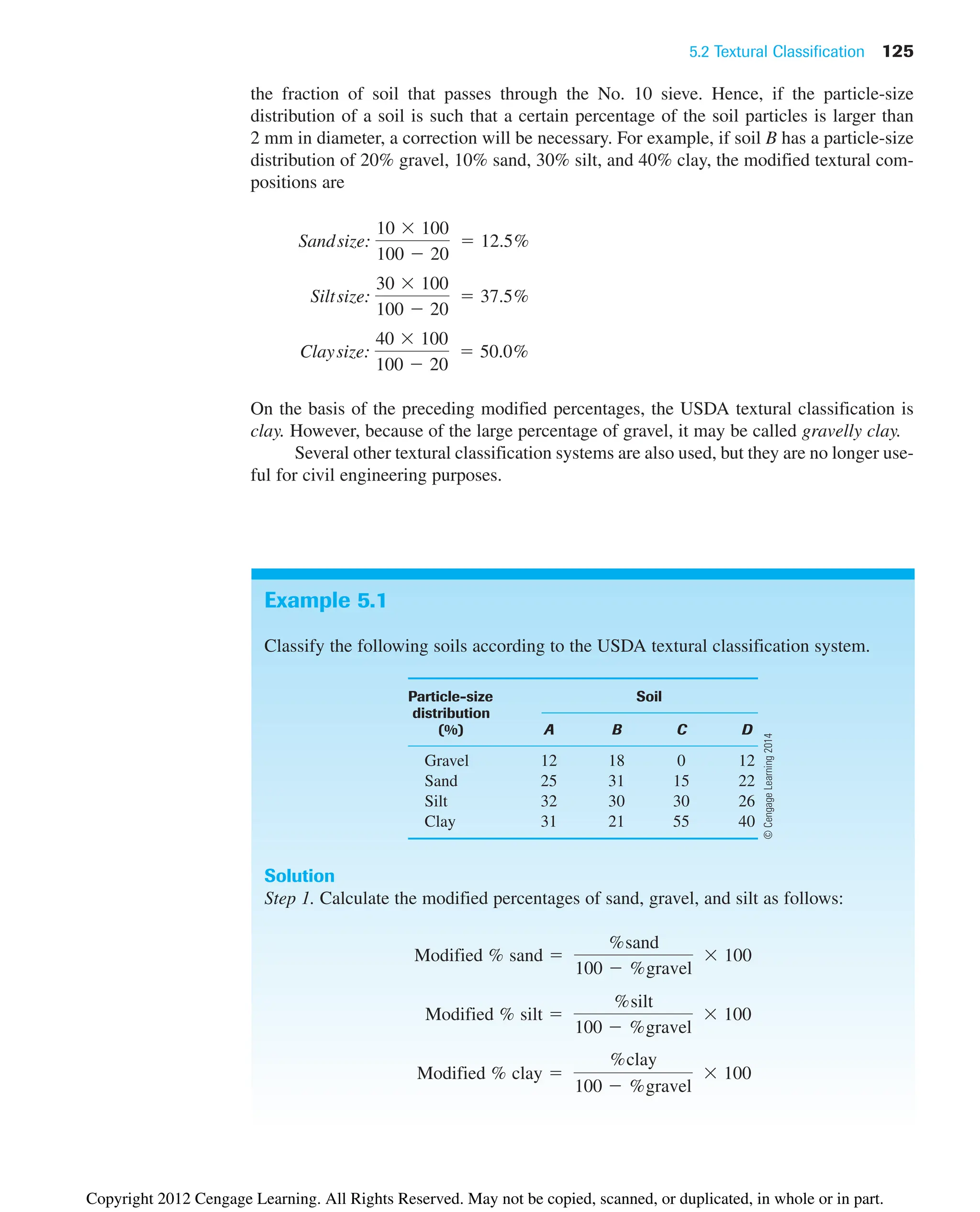 the fraction of soil that passes through the No. 10 sieve. Hence, if the particle-size
distribution of a soil is such that a certain percentage of the soil particles is larger than
2 mm in diameter, a correction will be necessary. For example, if soil B has a particle-size
distribution of 20% gravel, 10% sand, 30% silt, and 40% clay, the modified textural com-
positions are
On the basis of the preceding modified percentages, the USDA textural classification is
clay. However, because of the large percentage of gravel, it may be called gravelly clay.
Several other textural classification systems are also used, but they are no longer use-
ful for civil engineering purposes.
Claysize:
40  100
100  20
 50.0%
Siltsize:
30  100
100  20
 37.5%
Sandsize:
10  100
100  20
 12.5%
5.2 Textural Classification 125
Example 5.1
Classify the following soils according to the USDA textural classification system.
Particle-size Soil
distribution
(%) A B C D
Gravel 12 18 0 12
Sand 25 31 15 22
Silt 32 30 30 26
Clay 31 21 55 40
Solution
Step 1. Calculate the modified percentages of sand, gravel, and silt as follows:
Modified % clay 
%clay
100  %gravel
 100
Modified % silt 
%silt
100  %gravel
 100
Modified % sand 
%sand
100  %gravel
 100
©
Cengage
Learning
2014
Copyright 2012 Cengage Learning. All Rights Reserved. May not be copied, scanned, or duplicated, in whole or in part.
 