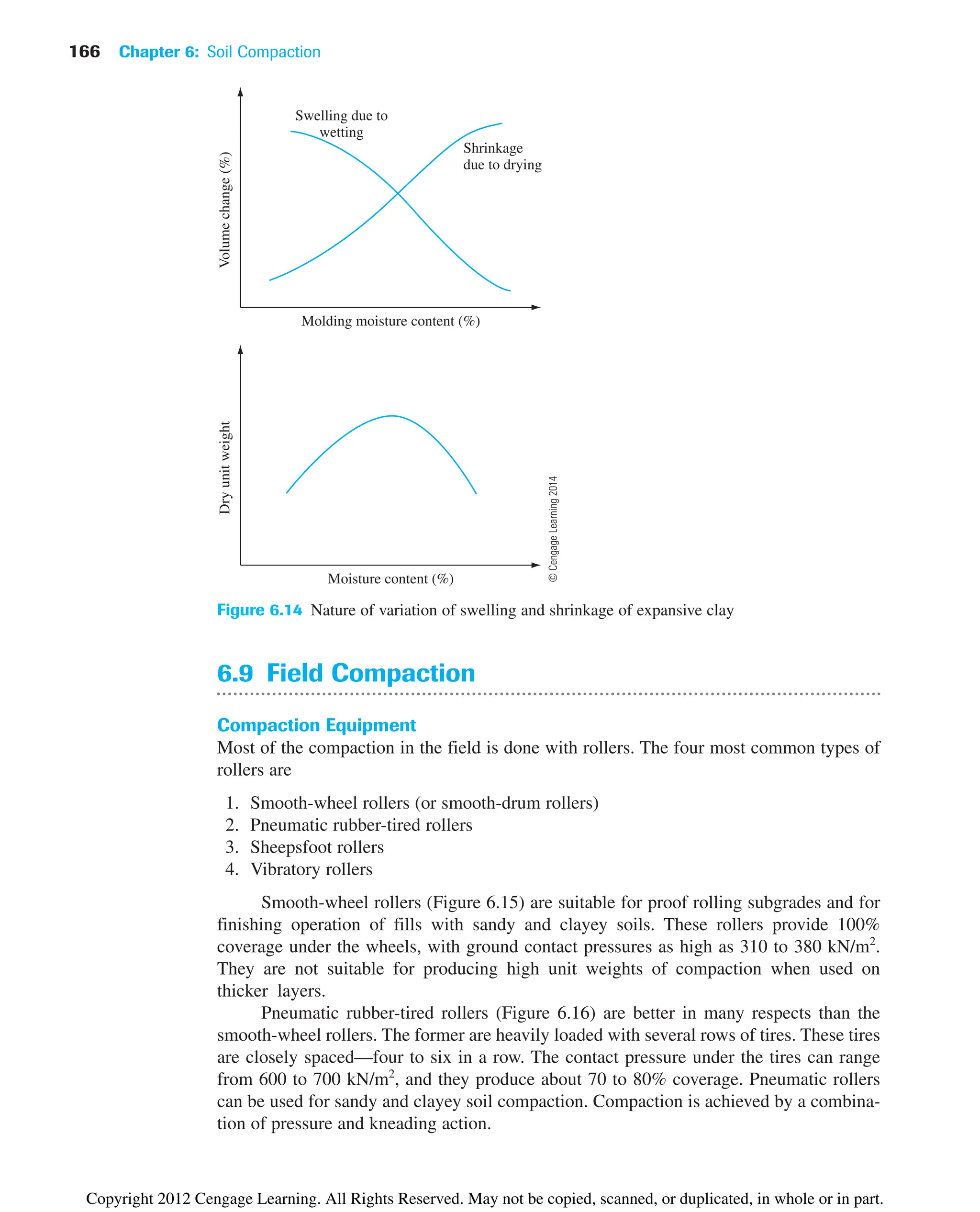 166 Chapter 6: Soil Compaction
Moisture content (%)
Dry
unit
weight
Molding moisture content (%)
Volume
change
(%)
Swelling due to
wetting
Shrinkage
due to drying
Figure 6.14 Nature of variation of swelling and shrinkage of expansive clay
6.9 Field Compaction
Compaction Equipment
Most of the compaction in the field is done with rollers. The four most common types of
rollers are
1. Smooth-wheel rollers (or smooth-drum rollers)
2. Pneumatic rubber-tired rollers
3. Sheepsfoot rollers
4. Vibratory rollers
Smooth-wheel rollers (Figure 6.15) are suitable for proof rolling subgrades and for
finishing operation of fills with sandy and clayey soils. These rollers provide 100%
coverage under the wheels, with ground contact pressures as high as 310 to 380 kN/m2
.
They are not suitable for producing high unit weights of compaction when used on
thicker layers.
Pneumatic rubber-tired rollers (Figure 6.16) are better in many respects than the
smooth-wheel rollers. The former are heavily loaded with several rows of tires. These tires
are closely spaced—four to six in a row. The contact pressure under the tires can range
from 600 to 700 kN/m2
, and they produce about 70 to 80% coverage. Pneumatic rollers
can be used for sandy and clayey soil compaction. Compaction is achieved by a combina-
tion of pressure and kneading action.
©
Cengage
Learning
2014
Copyright 2012 Cengage Learning. All Rights Reserved. May not be copied, scanned, or duplicated, in whole or in part.
 