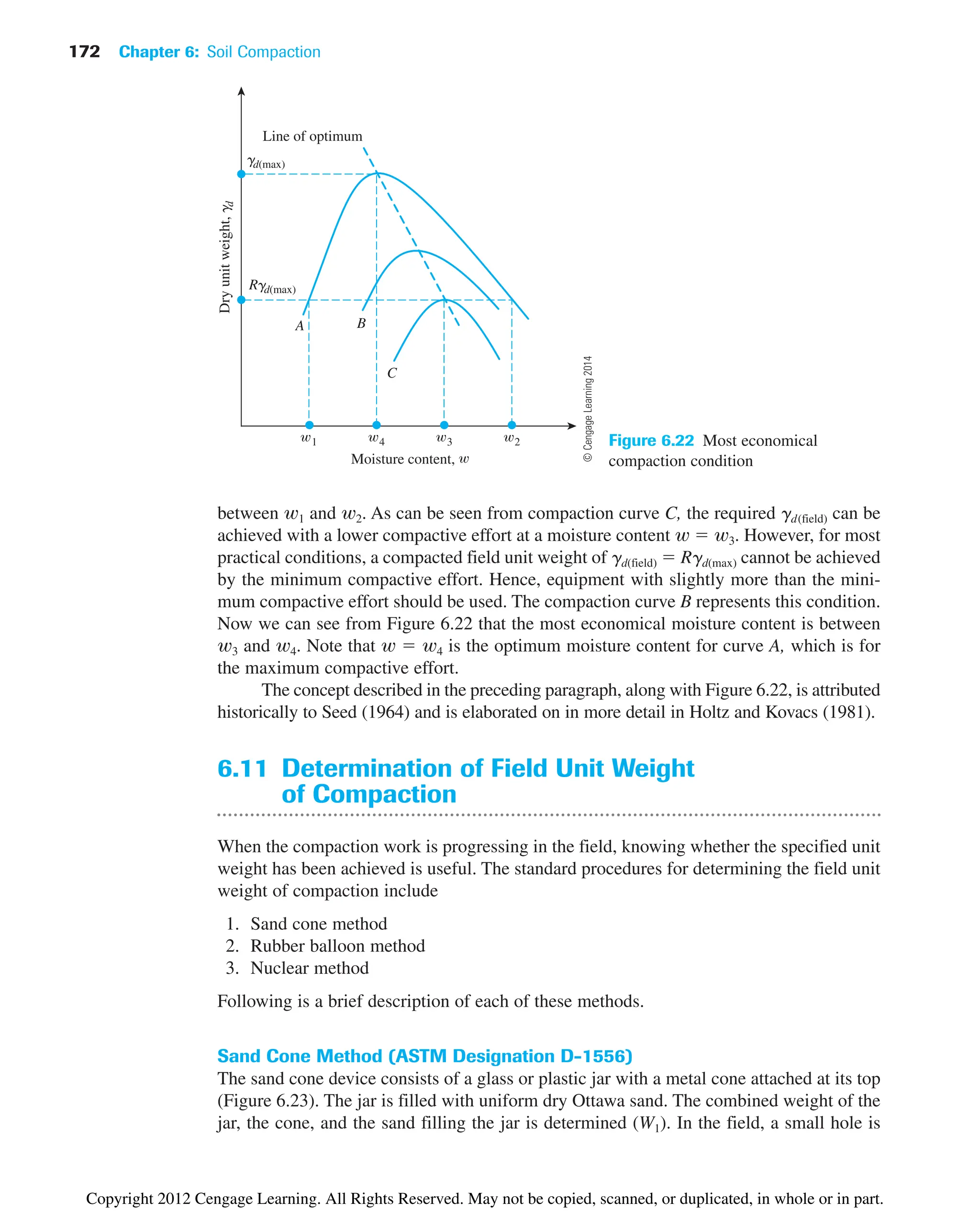 172 Chapter 6: Soil Compaction
between w1 and w2. As can be seen from compaction curve C, the required gd(field) can be
achieved with a lower compactive effort at a moisture content w ⫽ w3. However, for most
practical conditions, a compacted field unit weight of gd(field) ⫽ Rgd(max) cannot be achieved
by the minimum compactive effort. Hence, equipment with slightly more than the mini-
mum compactive effort should be used. The compaction curve B represents this condition.
Now we can see from Figure 6.22 that the most economical moisture content is between
w3 and w4. Note that w ⫽ w4 is the optimum moisture content for curve A, which is for
the maximum compactive effort.
The concept described in the preceding paragraph, along with Figure 6.22, is attributed
historically to Seed (1964) and is elaborated on in more detail in Holtz and Kovacs (1981).
6.11 Determination of Field Unit Weight
of Compaction
When the compaction work is progressing in the field, knowing whether the specified unit
weight has been achieved is useful. The standard procedures for determining the field unit
weight of compaction include
1. Sand cone method
2. Rubber balloon method
3. Nuclear method
Following is a brief description of each of these methods.
Sand Cone Method (ASTM Designation D-1556)
The sand cone device consists of a glass or plastic jar with a metal cone attached at its top
(Figure 6.23). The jar is filled with uniform dry Ottawa sand. The combined weight of the
jar, the cone, and the sand filling the jar is determined (W1). In the field, a small hole is
gd(max)
Rgd(max)
Dry
unit
weight,
g
d
1
Moisture content,
4 3 2
Line of optimum
A B
C
Figure 6.22 Most economical
compaction condition
©
Cengage
Learning
2014
Copyright 2012 Cengage Learning. All Rights Reserved. May not be copied, scanned, or duplicated, in whole or in part.
 