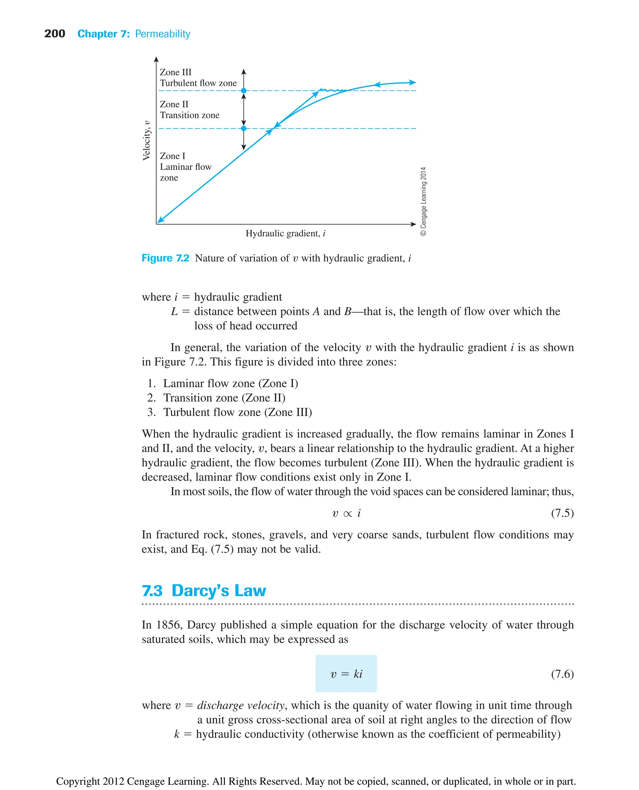 200 Chapter 7: Permeability
Velocity,
Hydraulic gradient, i
Zone III
Turbulent flow zone
Zone II
Transition zone
Zone I
Laminar flow
zone
Figure 7.2 Nature of variation of v with hydraulic gradient, i
where i  hydraulic gradient
L  distance between points A and B—that is, the length of flow over which the
loss of head occurred
In general, the variation of the velocity v with the hydraulic gradient i is as shown
in Figure 7.2. This figure is divided into three zones:
1. Laminar flow zone (Zone I)
2. Transition zone (Zone II)
3. Turbulent flow zone (Zone III)
When the hydraulic gradient is increased gradually, the flow remains laminar in Zones I
and II, and the velocity, v, bears a linear relationship to the hydraulic gradient. At a higher
hydraulic gradient, the flow becomes turbulent (Zone III). When the hydraulic gradient is
decreased, laminar flow conditions exist only in Zone I.
In most soils, the flow of water through the void spaces can be considered laminar; thus,
(7.5)
In fractured rock, stones, gravels, and very coarse sands, turbulent flow conditions may
exist, and Eq. (7.5) may not be valid.
7.3 Darcy’s Law
In 1856, Darcy published a simple equation for the discharge velocity of water through
saturated soils, which may be expressed as
(7.6)
where  discharge velocity, which is the quanity of water flowing in unit time through
a unit gross cross-sectional area of soil at right angles to the direction of flow
k  hydraulic conductivity (otherwise known as the coefficient of permeability)
v
v  ki
v r i
©
Cengage
Learning
2014
Copyright 2012 Cengage Learning. All Rights Reserved. May not be copied, scanned, or duplicated, in whole or in part.
 