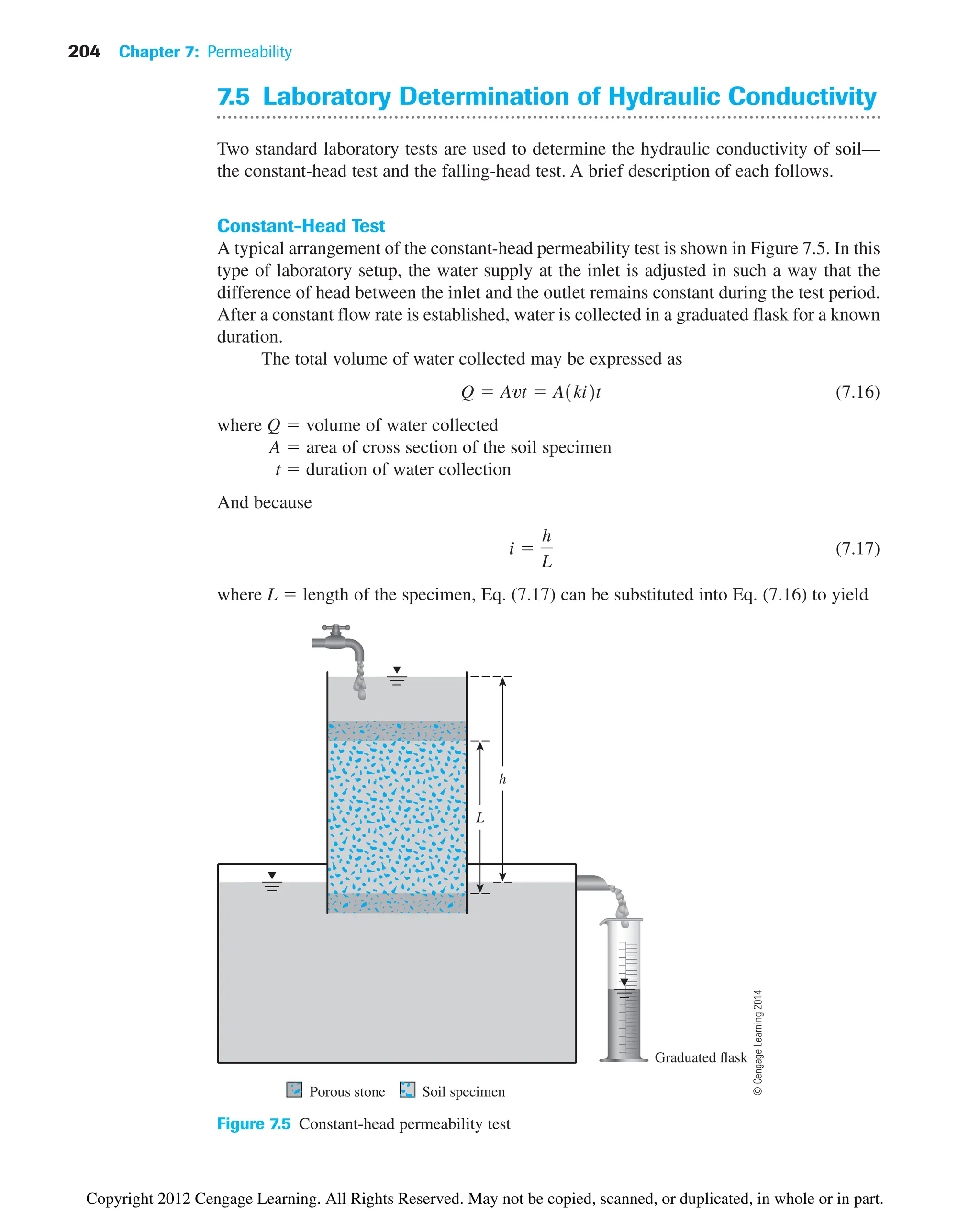 204 Chapter 7: Permeability
Figure 7.5 Constant-head permeability test
7.5 Laboratory Determination of Hydraulic Conductivity
Two standard laboratory tests are used to determine the hydraulic conductivity of soil—
the constant-head test and the falling-head test. A brief description of each follows.
Constant-Head Test
A typical arrangement of the constant-head permeability test is shown in Figure 7.5. In this
type of laboratory setup, the water supply at the inlet is adjusted in such a way that the
difference of head between the inlet and the outlet remains constant during the test period.
After a constant flow rate is established, water is collected in a graduated flask for a known
duration.
The total volume of water collected may be expressed as
(7.16)
where Q  volume of water collected
A  area of cross section of the soil specimen
t  duration of water collection
And because
(7.17)
where L  length of the specimen, Eq. (7.17) can be substituted into Eq. (7.16) to yield
i 
h
L
Q  Avt  A1ki2t
Graduated flask
L
h
Porous stone Soil specimen
©
Cengage
Learning
2014
Copyright 2012 Cengage Learning. All Rights Reserved. May not be copied, scanned, or duplicated, in whole or in part.
 
