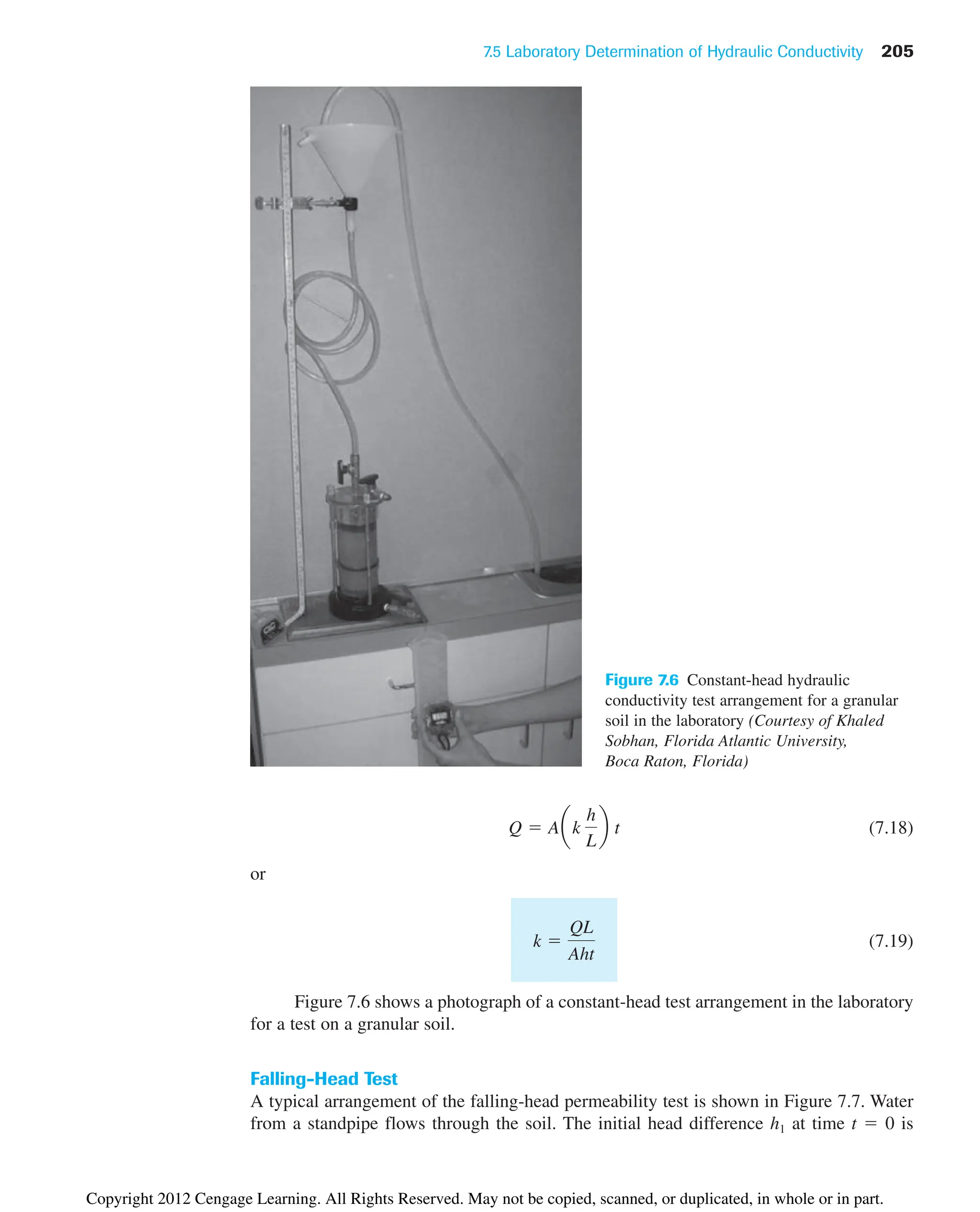 7.5 Laboratory Determination of Hydraulic Conductivity 205
(7.18)
or
(7.19)
Figure 7.6 shows a photograph of a constant-head test arrangement in the laboratory
for a test on a granular soil.
Falling-Head Test
A typical arrangement of the falling-head permeability test is shown in Figure 7.7. Water
from a standpipe flows through the soil. The initial head difference h1 at time t  0 is
k 
QL
Aht
Q  Aak
h
L
b t
Figure 7.6 Constant-head hydraulic
conductivity test arrangement for a granular
soil in the laboratory (Courtesy of Khaled
Sobhan, Florida Atlantic University,
Boca Raton, Florida)
Copyright 2012 Cengage Learning. All Rights Reserved. May not be copied, scanned, or duplicated, in whole or in part.
 