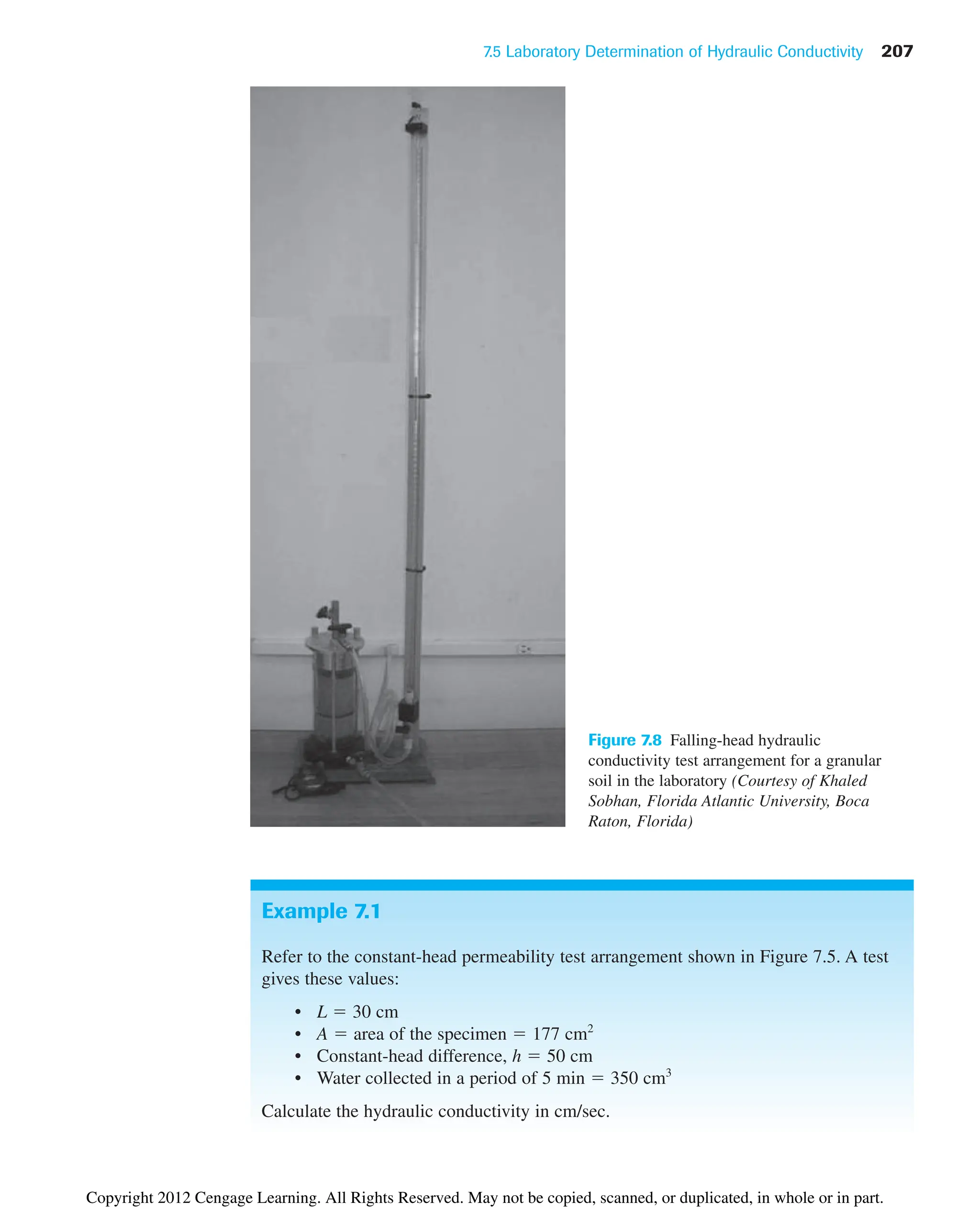 7.5 Laboratory Determination of Hydraulic Conductivity 207
Figure 7.8 Falling-head hydraulic
conductivity test arrangement for a granular
soil in the laboratory (Courtesy of Khaled
Sobhan, Florida Atlantic University, Boca
Raton, Florida)
Example 7.1
Refer to the constant-head permeability test arrangement shown in Figure 7.5. A test
gives these values:
• L  30 cm
• A  area of the specimen  177 cm2
• Constant-head difference, h  50 cm
• Water collected in a period of 5 min  350 cm3
Calculate the hydraulic conductivity in cm/sec.
Copyright 2012 Cengage Learning. All Rights Reserved. May not be copied, scanned, or duplicated, in whole or in part.
 