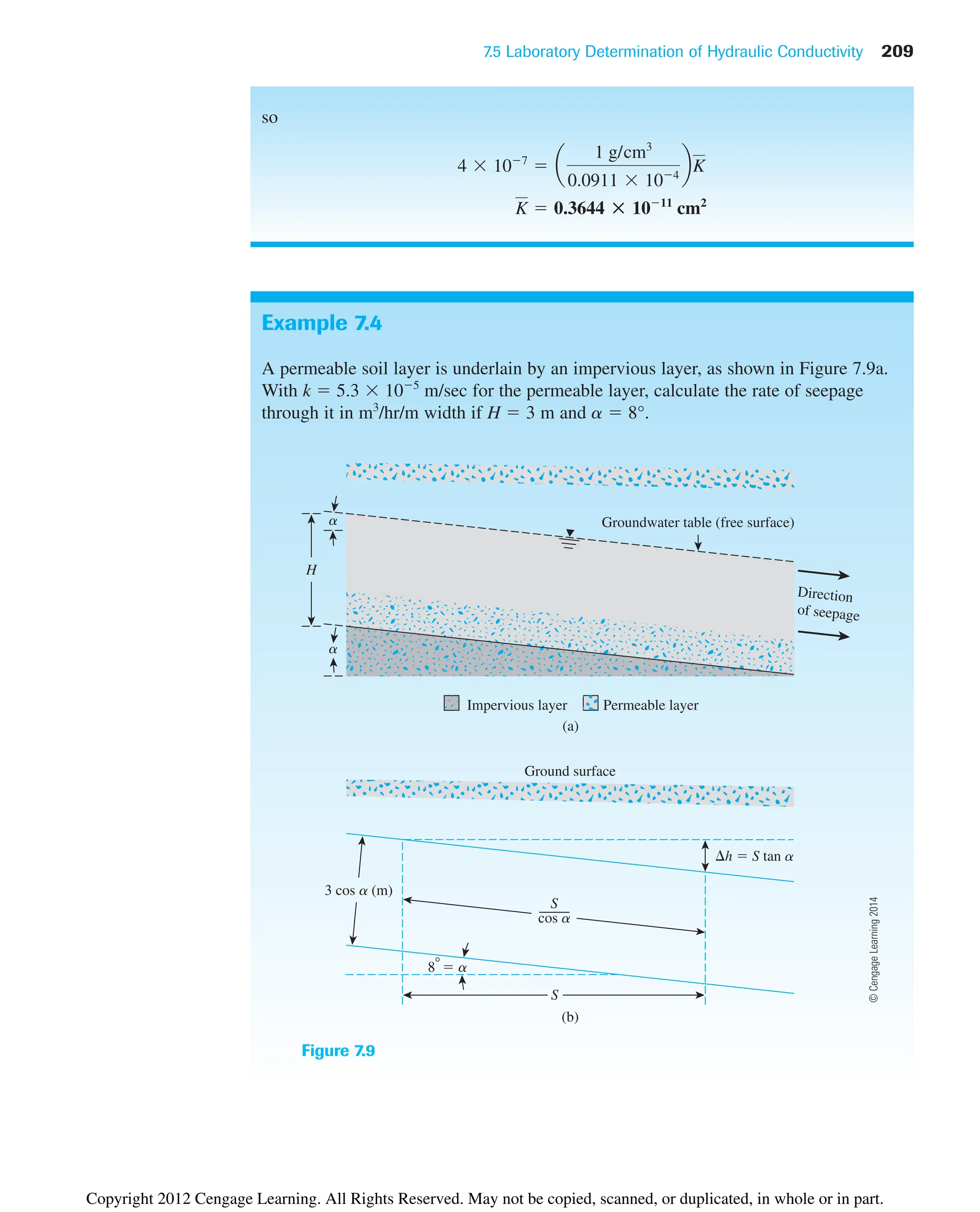 7.5 Laboratory Determination of Hydraulic Conductivity 209
so
K  0.3644 : 1011
cm2
4 107
 a
1 g/cm3
0.0911 104
bK
Example 7.4
A permeable soil layer is underlain by an impervious layer, as shown in Figure 7.9a.
With k  5.3 105
m/sec for the permeable layer, calculate the rate of seepage
through it in m3
/hr/m width if H  3 m and a  8°.
Impervious layer Permeable layer
(a)
(b)
Groundwater table (free surface)
H
a
h  S tan a
8  a
S
cos a
Ground surface
S
Direction
of seepage
3 cos a (m)
a
Figure 7.9
©
Cengage
Learning
2014
Copyright 2012 Cengage Learning. All Rights Reserved. May not be copied, scanned, or duplicated, in whole or in part.
 